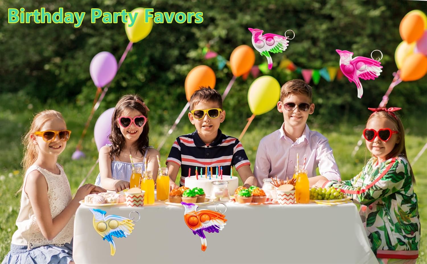 24 Packs Bulk Birds shape Backpack Mini Pop Rainbow Keychain, fidgets Bubble Toys for Kids Children Classroom Students Gifts, Birthday Party Favors