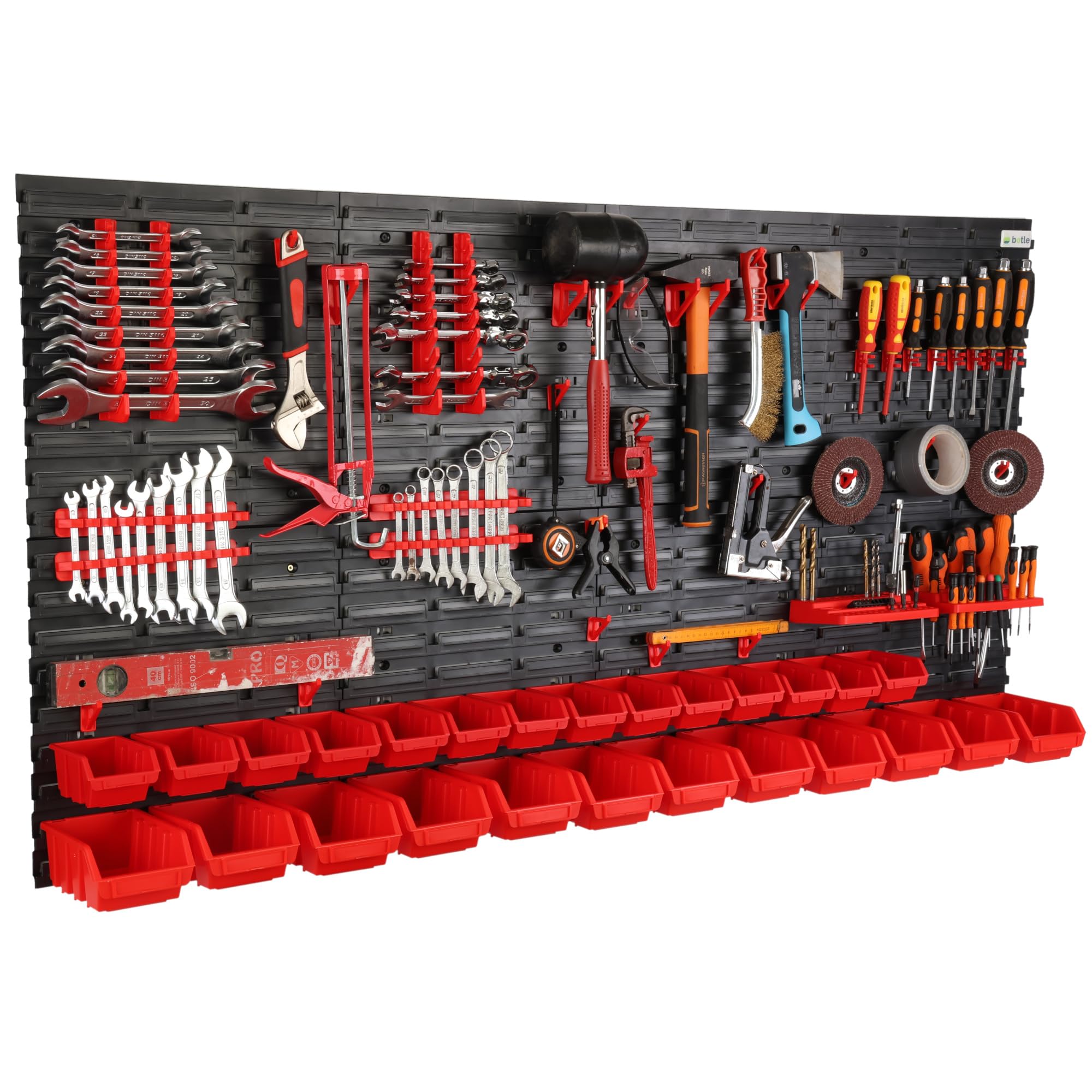 Módulo de pared para herramientas, estante de pared 160x80 cm, juego de 26 contenedores en negro/rojo, soporte para herramientas, plástico, sistema de almacenamiento, expandible