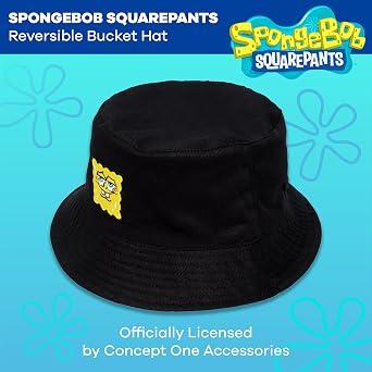 Spongebob Squarepants Bucket Hat, Packable Travel Hat, Reversible Wide Brim Summer Cap, Black and Yellow, One Size