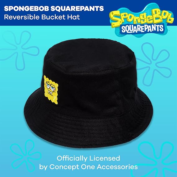 Spongebob Squarepants Bucket Hat, Packable Travel Hat, Reversible Wide Brim Summer Cap, Black and Yellow, One Size