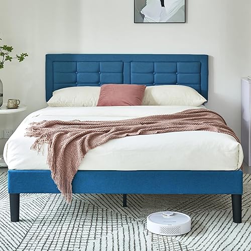 VECELO Base de cama tamaño Queen con cabecera ajustable, base de cama tapizada con botones y soporte de listones de madera, no necesita somier, azul