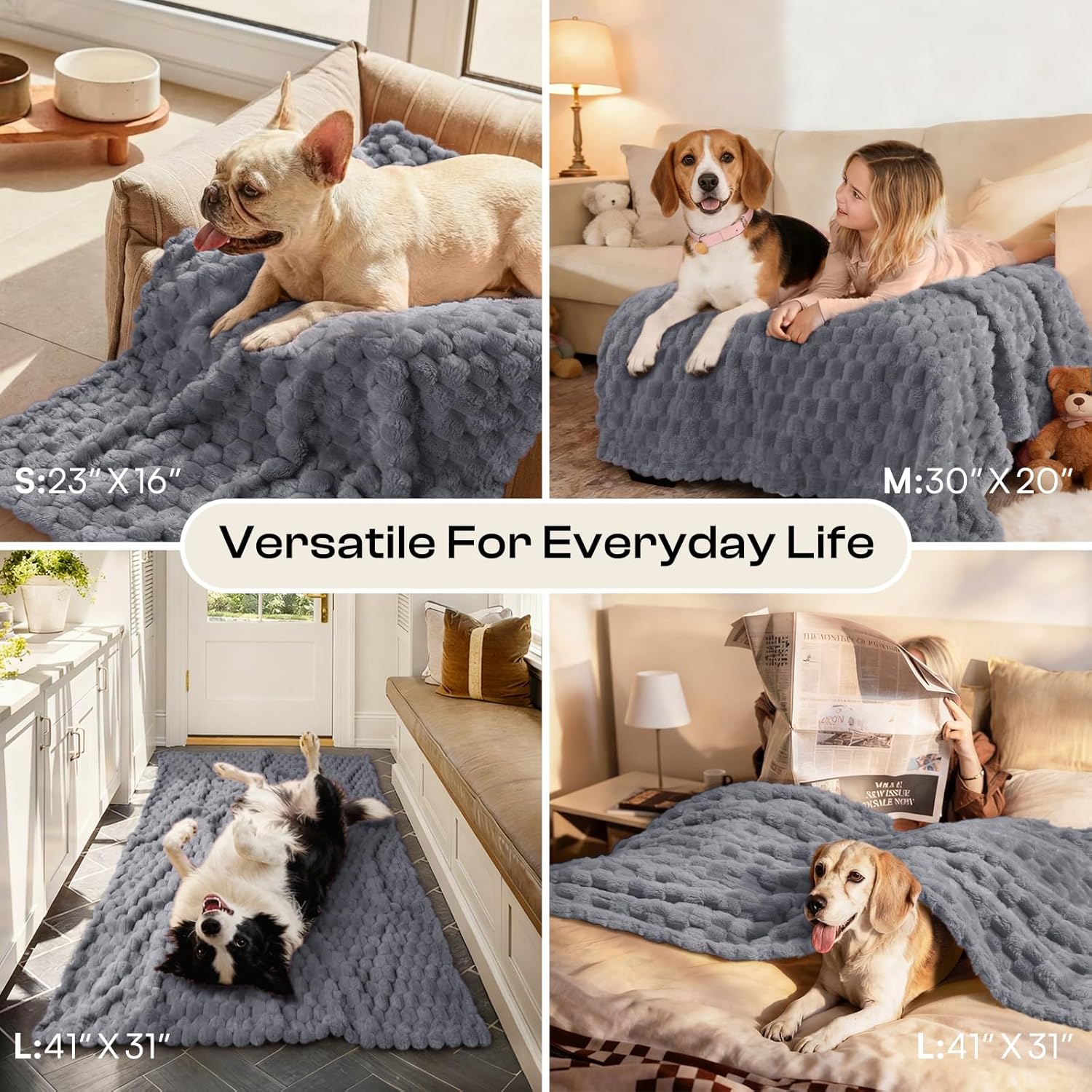 Luciphia 300GSM Fleece Dog Blanket for Small Medium Large Dogs 3D Jacquard 1 Pack 3 Flannel Puppy Cat Pet Throw Blankets Soft Washable Decorative Furniture Protect Pcs3-Grey, M(30''x20'')