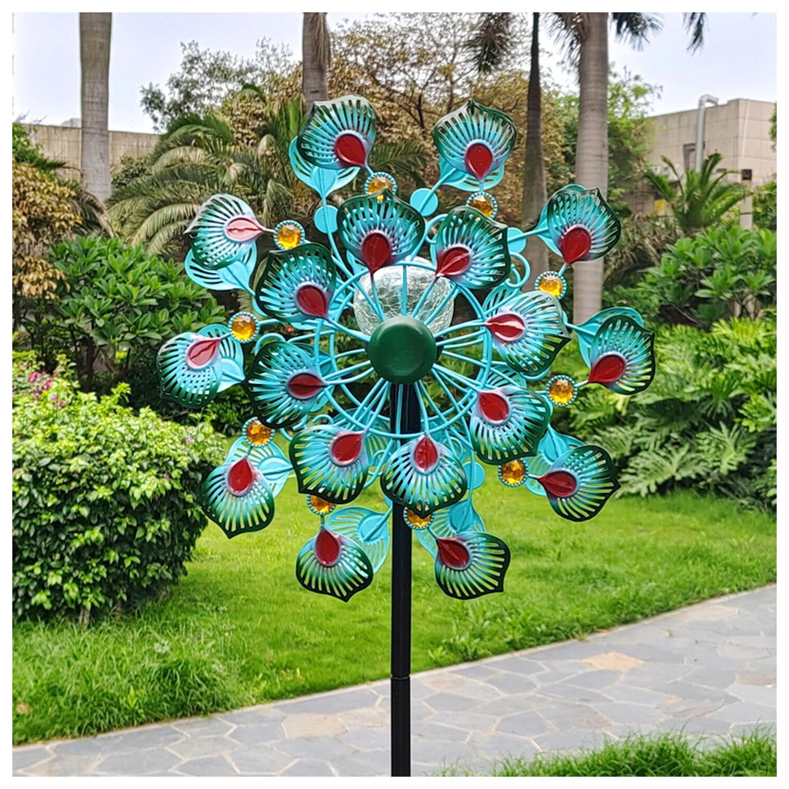 178 CM Mulino A Vento Per Cortile E Giardino, Filatori Del Cantiere Eolico, Colore Led Che Cambia Sfera Di Vetro Ad Energia Solare Mulino A Vento Da Giardino