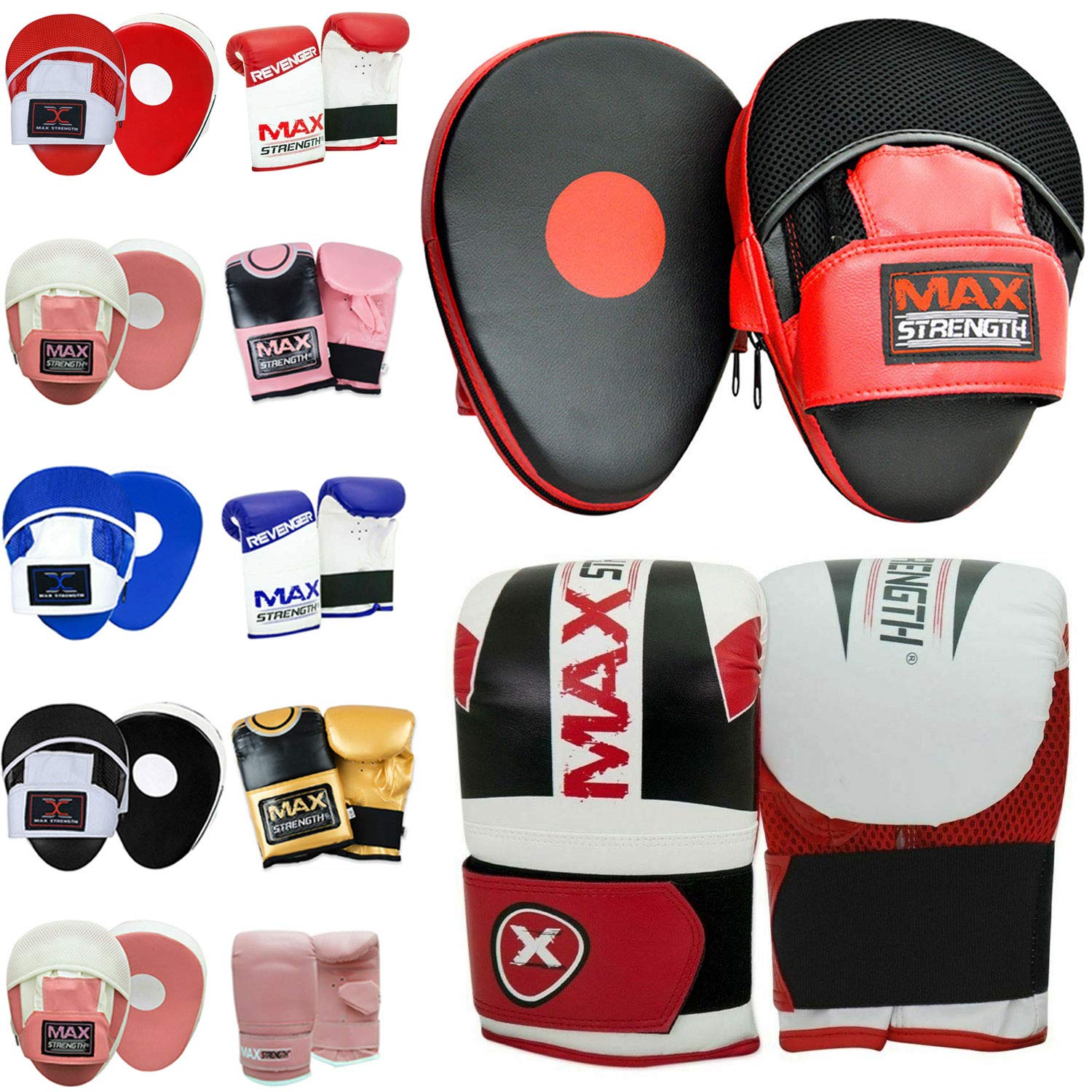 Max Strength Focus Pad zestaw rękawiczek do torby | Syntetyczna skóra Zakrzywione haczyki i podkładki do rąk | Idealne do kickboxingu, MMA, sztuk walki, muay tajskiego treningu karate | bokserskie bokserskie (czerwony/biały (MAX), S/M)