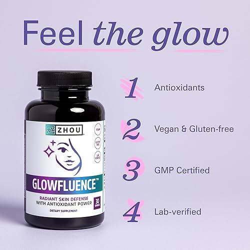 Miniatura 3 de Zhou Glowfluence Suplemento de ácido hialurónico con vitamina C y antioxidantes, elasticidad de la piel y apoyo de firmeza para piel radiante