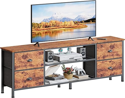 Miniatura 11 de Furologee Soporte de TV con 4 cajones, centro de entretenimiento de 43 pulgadas con estantes abiertos, mesa consola multimedia para TV de 50 Marrón