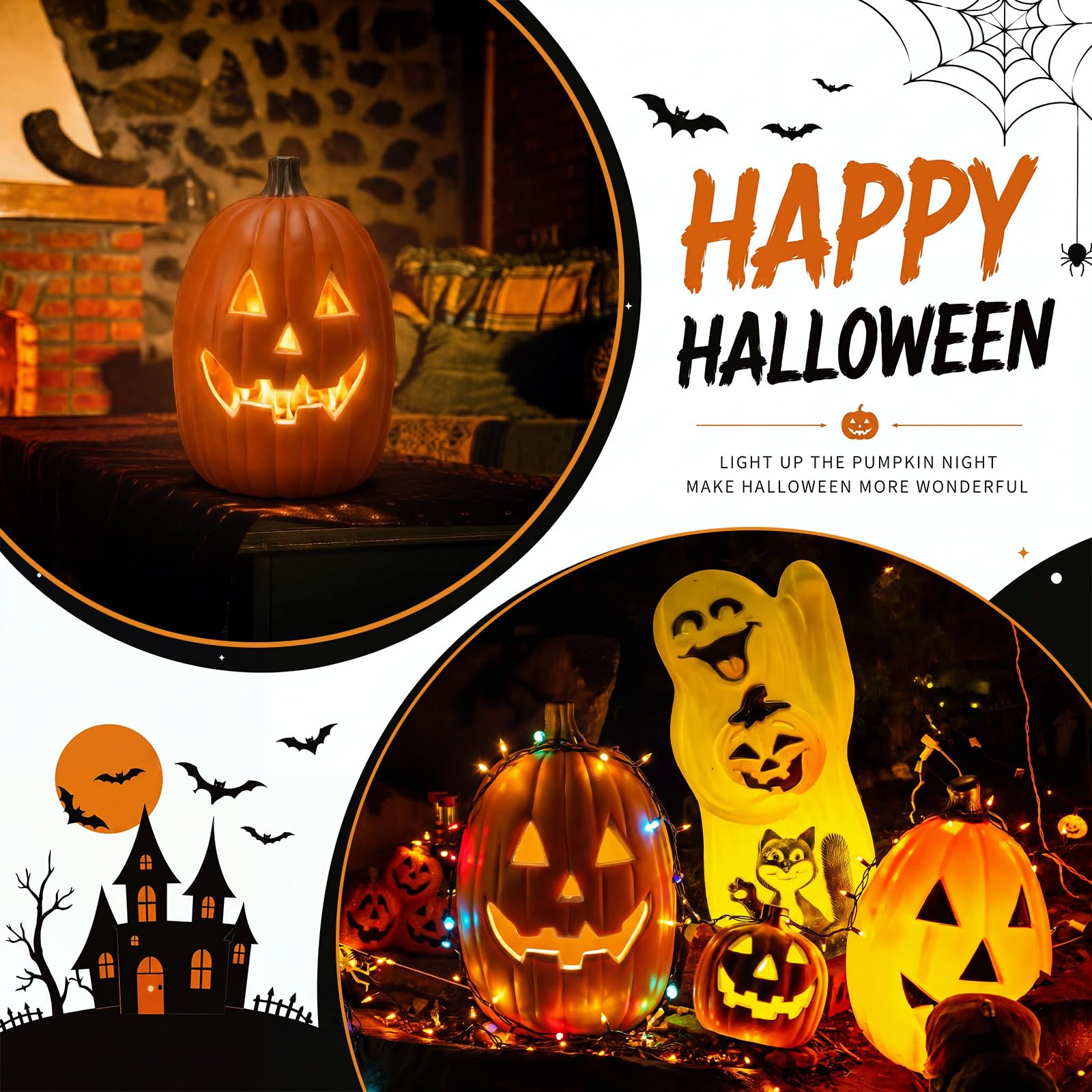 Huquary Lanterna a forma di zucca di Halloween, 40,6 cm, in plastica, con illuminazione a forma di zucca con LED spettrale, decorazione per Halloween, Ringraziamento, autunno, da tavolo, comodino