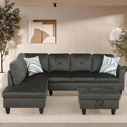 L Shaped Sectional Couches, Lounge Modular Sectional Sofa with Ottoman Storage, Modern Comfy L Shaped Couch for Living Room Furniture Sets, Bedroom, Gray