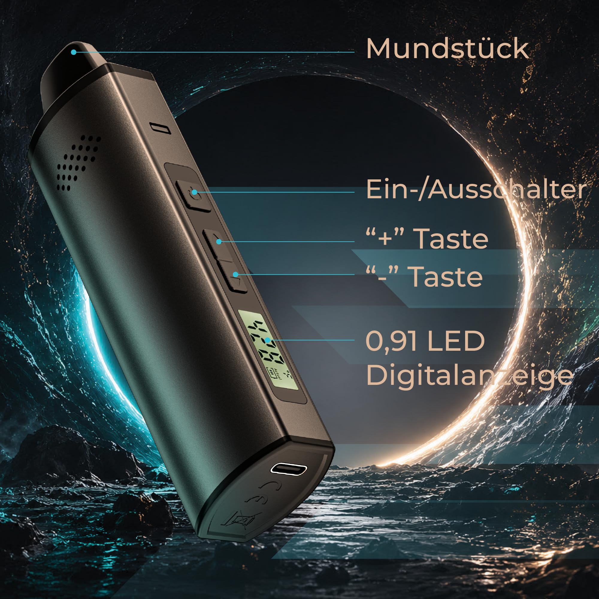 Vaporizer Cannabis verdampfer IOUQ KIT kräuter verdampfer Keramische Heizkammer LCD Display Bildschirm unterstützt weed e zigarette präzise Temperaturregelung (TiefSchwarz) | Dry Herb Vaporizer mit Temperaturregelung/Keramikkammer/LCD/Aluminiumkörper/niko