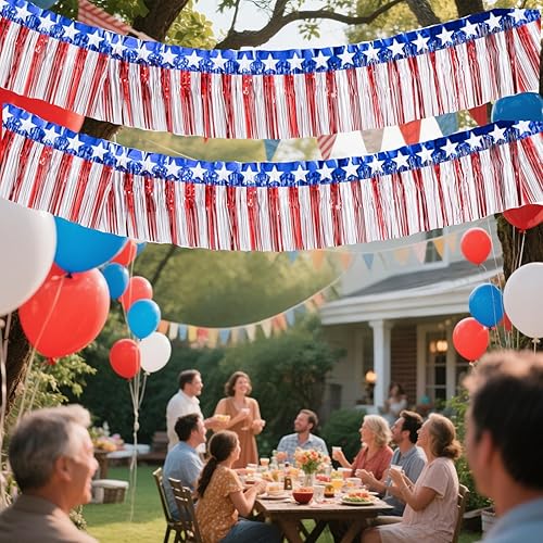 Miniatura 9 de Paquete de 6 guirnaldas de flecos de papel de aluminio rojo de 10 pies con serpentinas metálicas de oropel para colgar en la pared, cortina de