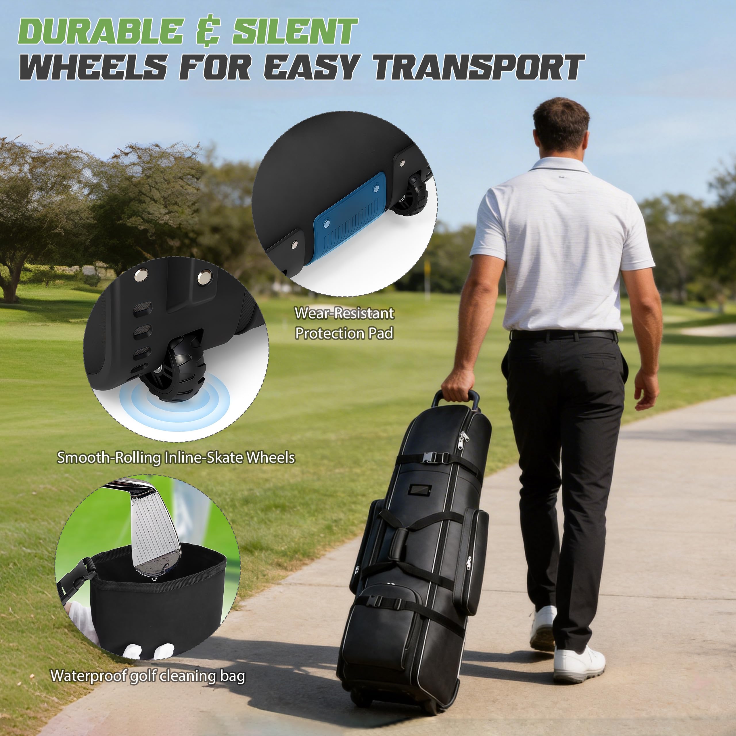 Golf-Reisetasche mit Rollen, Verdicktes Wasserdichtes 900D Heavy Duty Oxford-Gewebe Golf-Flightcase mit Golfball-Reinigungstasche, Golfschlägertasche, Reisetasche für Flug und Fluglinie, Schwarz