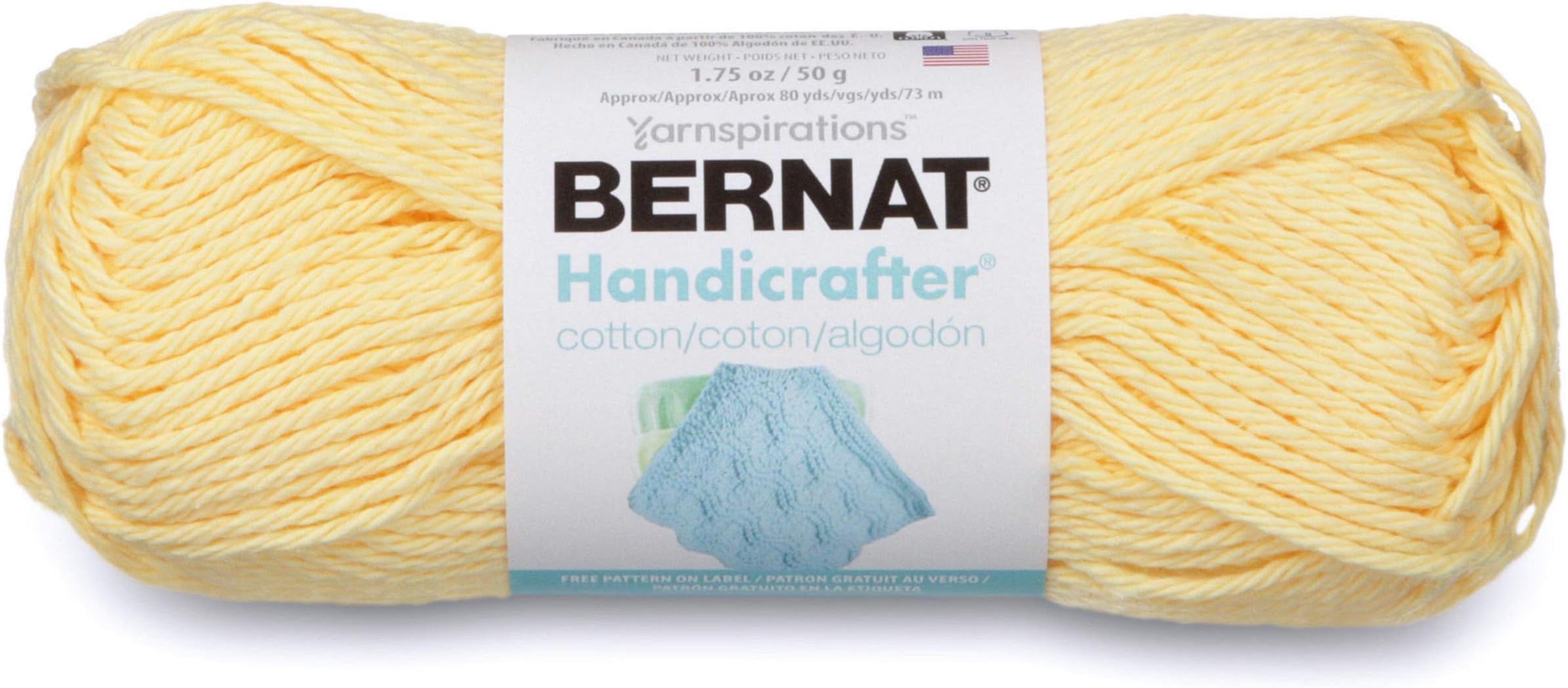 Bernat Handicrafter Cotton Solids Yarn, 1.75 oz, Gauge 4 Medium, 100% Cotton, Pale Yellow
