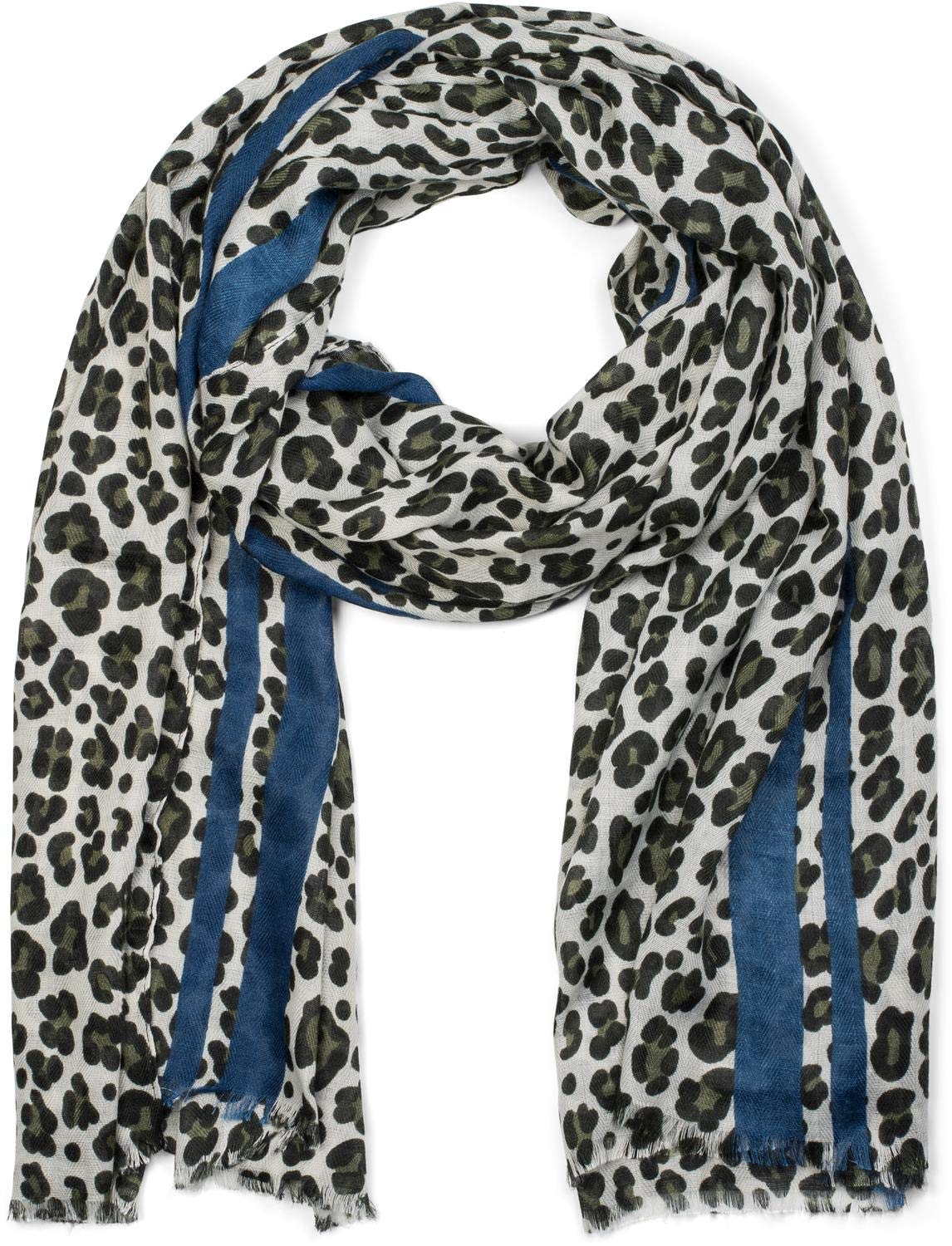 Stylebreaker Women's Olive-Blue Scarf With Leopard Print, Coloured Stripes And Fringing, Winter Scarf, Stole, Shawl 01017082, Colour: