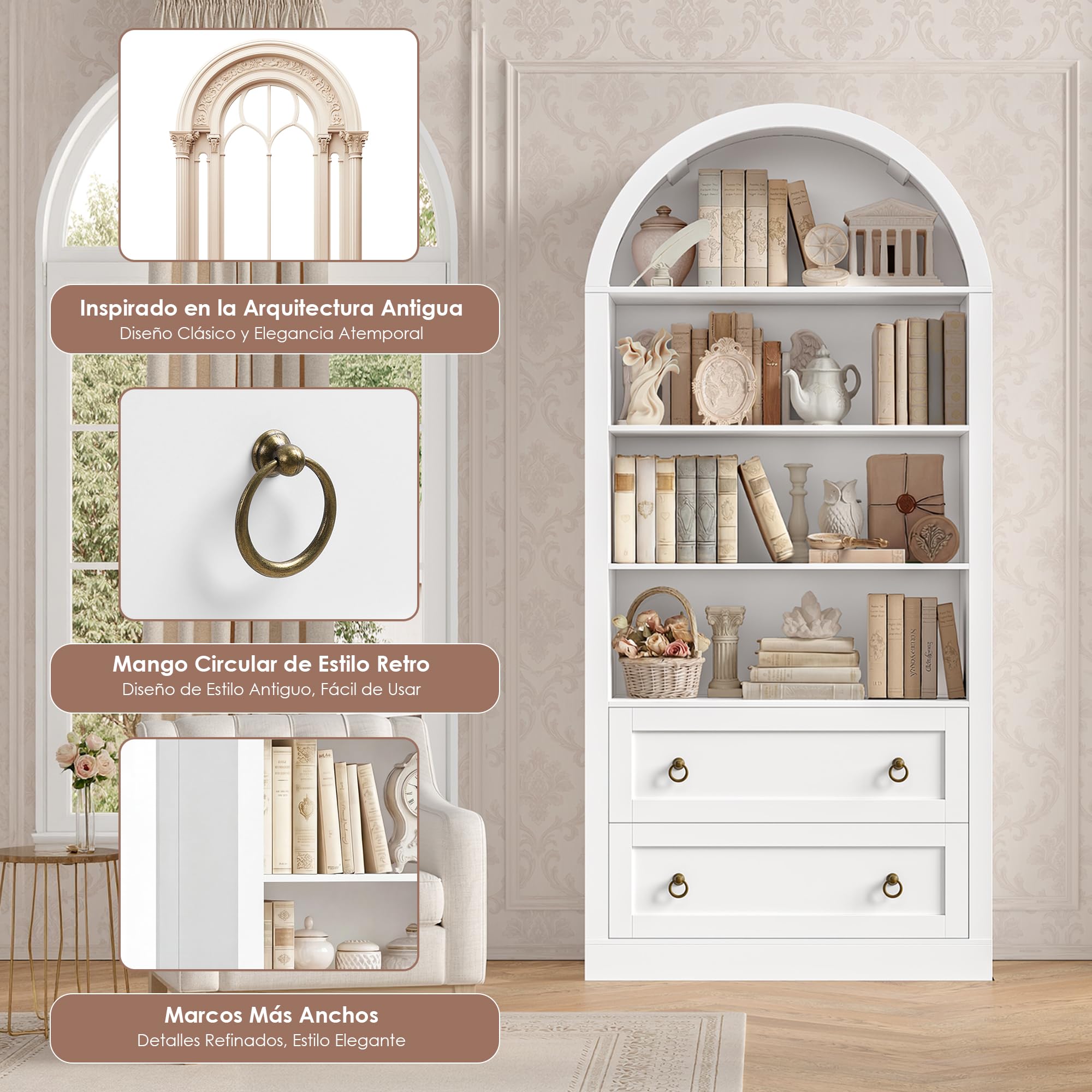 FirFurd Estantería con 2 Cajones, Libreria Estanteria Arqueada de 4 Niveles | Estantería Libros Grande, Diseño Arqueado, Mueble de Almacenaje para Salón, Dormitorio y Estudio 79.5x36x177cm