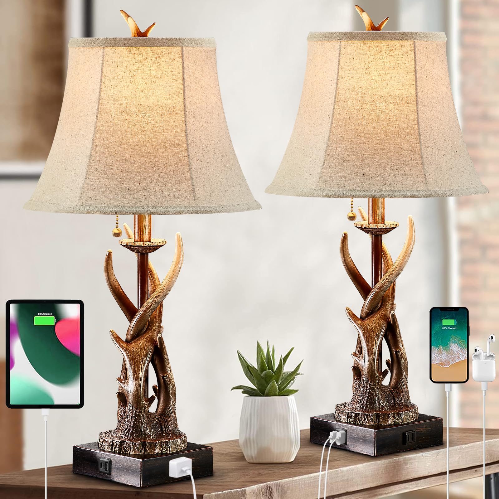 Antler Table Lamps Set of with USB A+C Ports for Bedroom
