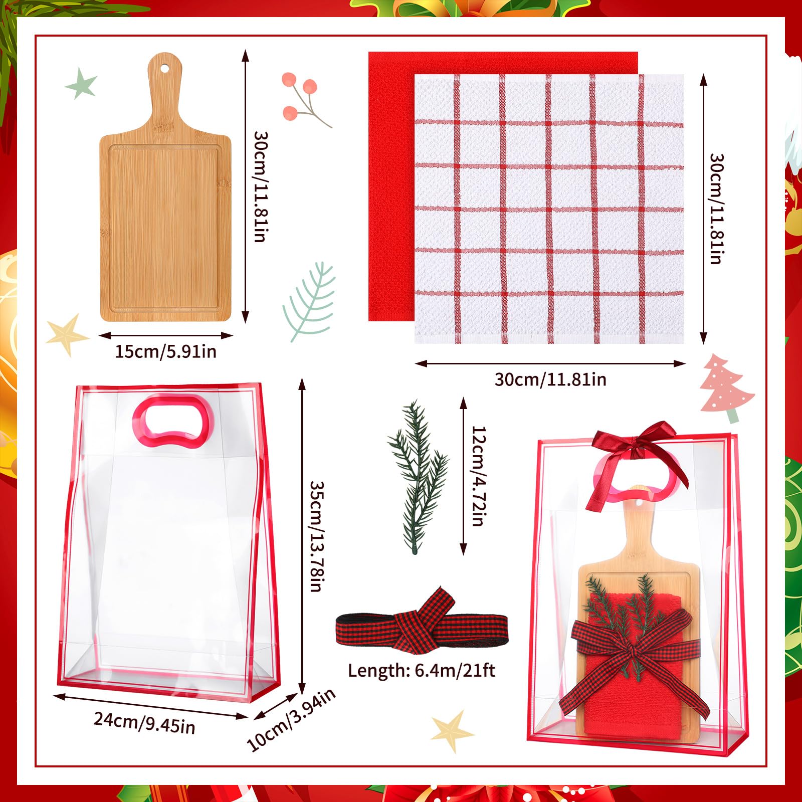 Suclain Käsebrett-Geschenk-Set für Damen, Weihnachtsgeschenk, Bambus-Käsebrett mit Geschenktüten, Waffelmuster, kariertes Band, Weihnachtsgeschenke für Festival, Brautparty, 4-teiliges Set, 21-teilig