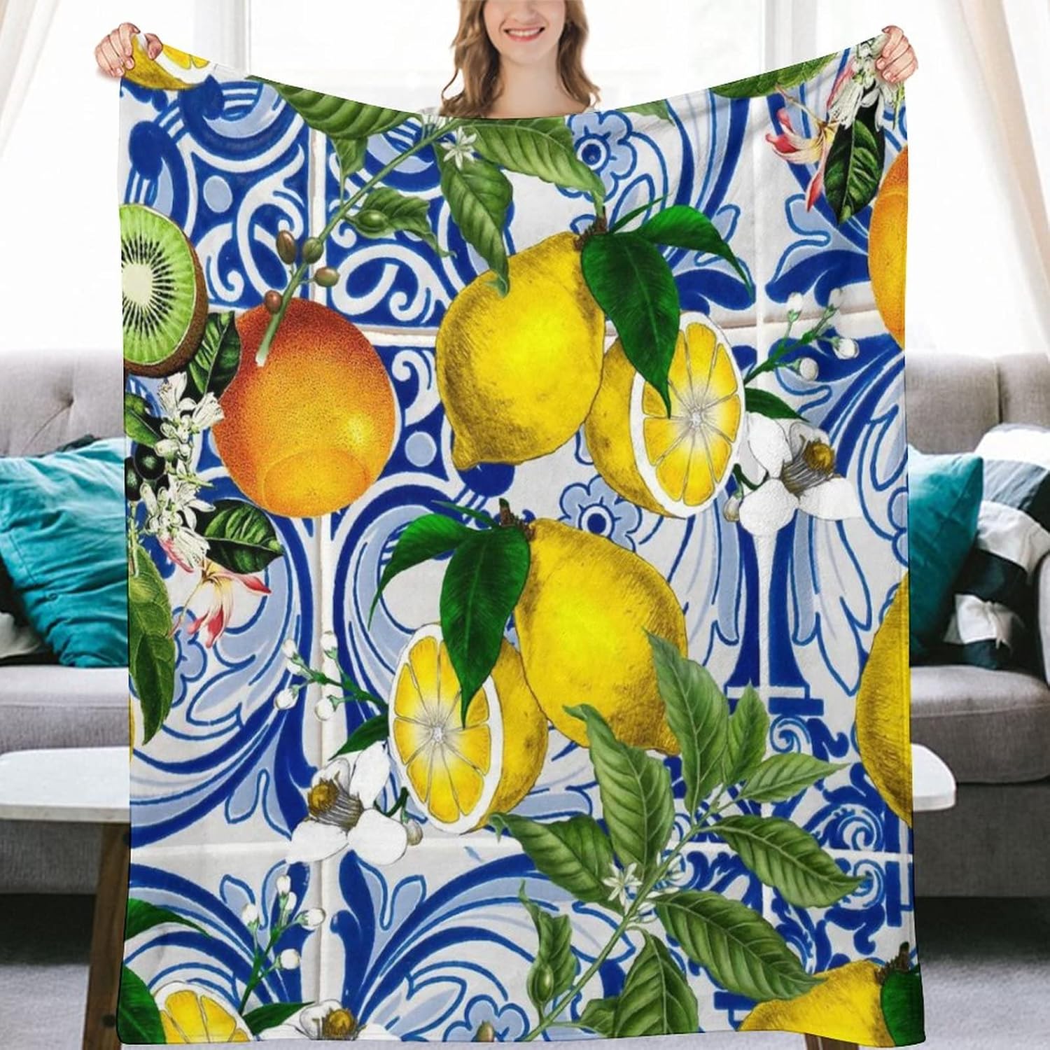 Mediterranean Lemon On Blue Ceramic Tiles Flannel Fleece Throw Blankets 50"X40" Lightweight Fluffy Winter Fall Blanket Cozy Soft Fuzzy Plush Home Decor for Couch Bed Sofa Bedroom Living Room Travel