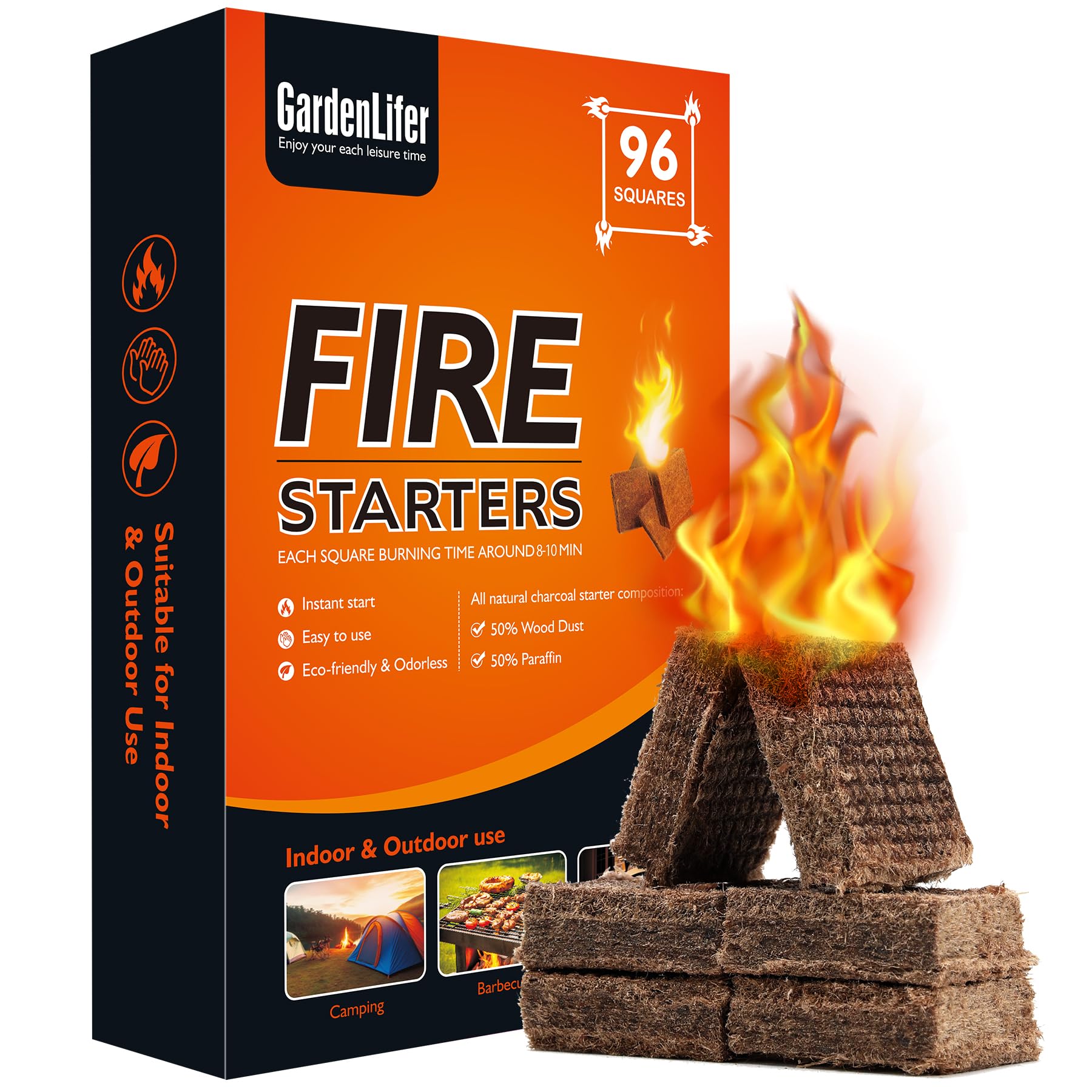 Fire Starter Cubes 96 Squares Charcoal Starter Kindling Easily Ignited Natural Wooden Fire Starters Logs for Chimney Campfires Fireplace Pizza Oven Grill Wood Stove Indoor Outdoor