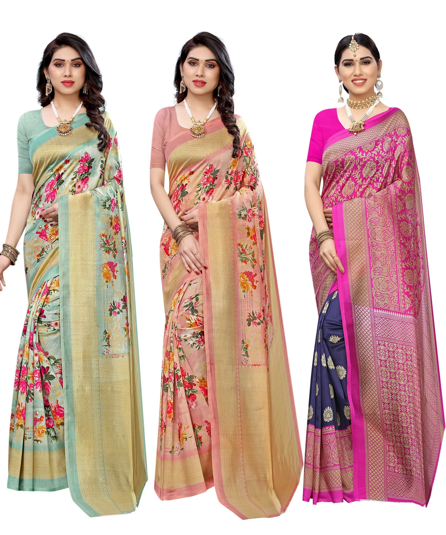 YashikaWomen's Combo Art Silk Saree with Blouse Piece-Pack of 3 Light Green-AIR Peach-Metro Navy Multicolor-02