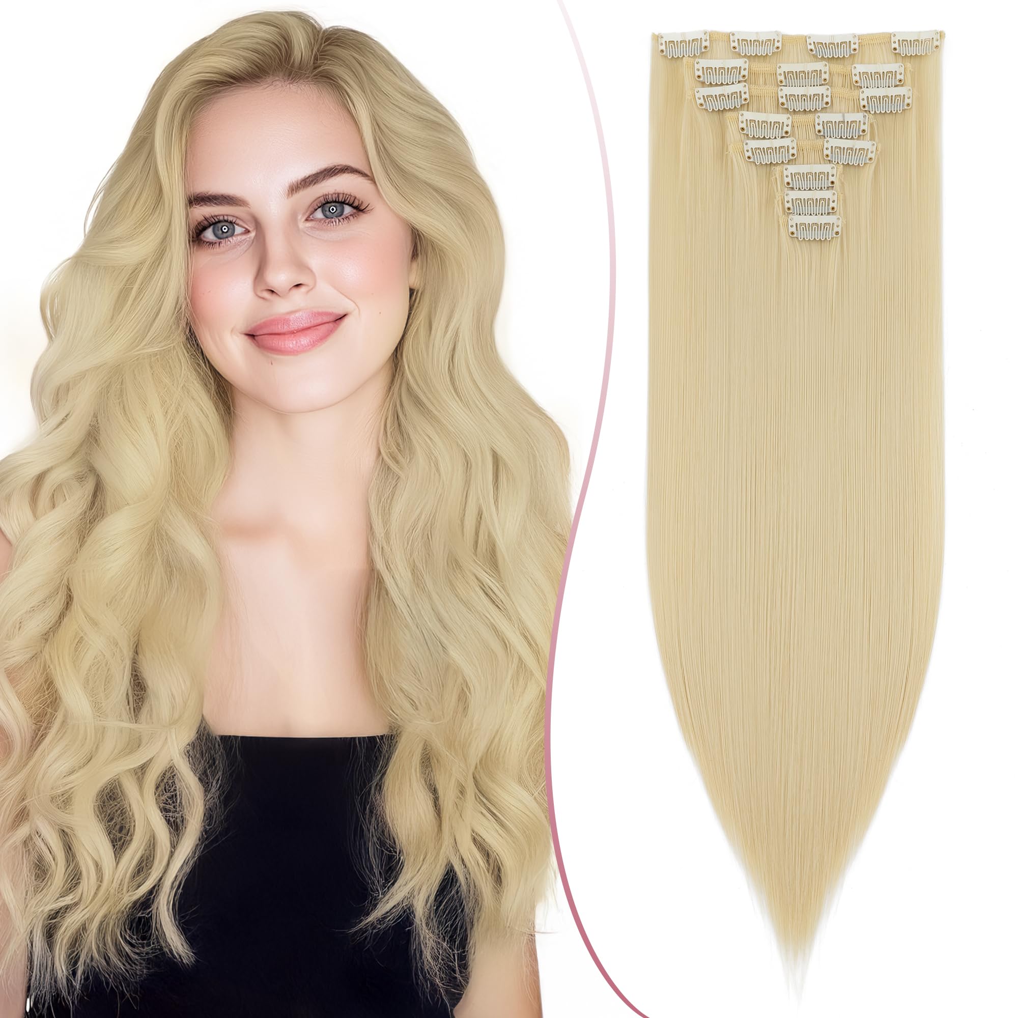 SEGO 26 Inch Thick Highlight Hair Piece 8PCS Long Straight Clip in Extensions Full Head 175g Synthetic Fiber Hairpieces For Women,#613 Bleach Blonde