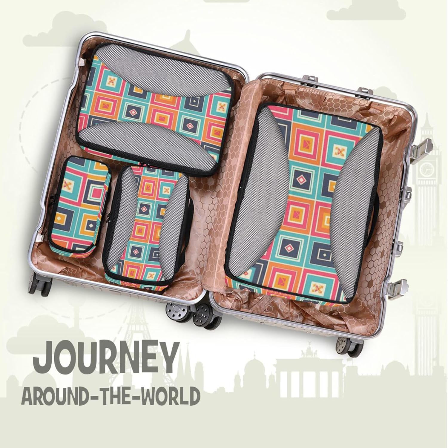 Geometric Colorful Plaids Boho 4 Pcs set organizer travel case Mesh Travel Essentials portable packing cubes for suitcases