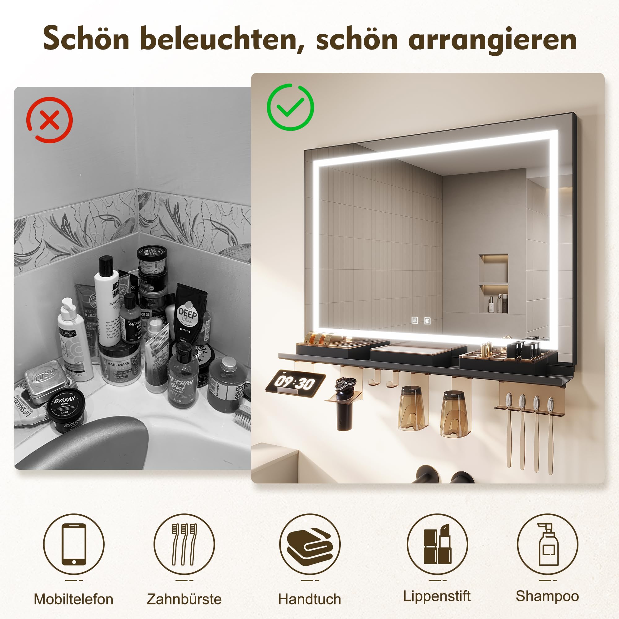 SONNI Lustro łazienkowe LED 70 x 50 cm + półka 80 cm, lustro dotykowe, 3 kolory światła, ochrona przed zaparowaniem, półka z uchwytem na telefon komórkowy + hak + uchwyt na szczoteczki do zębów +