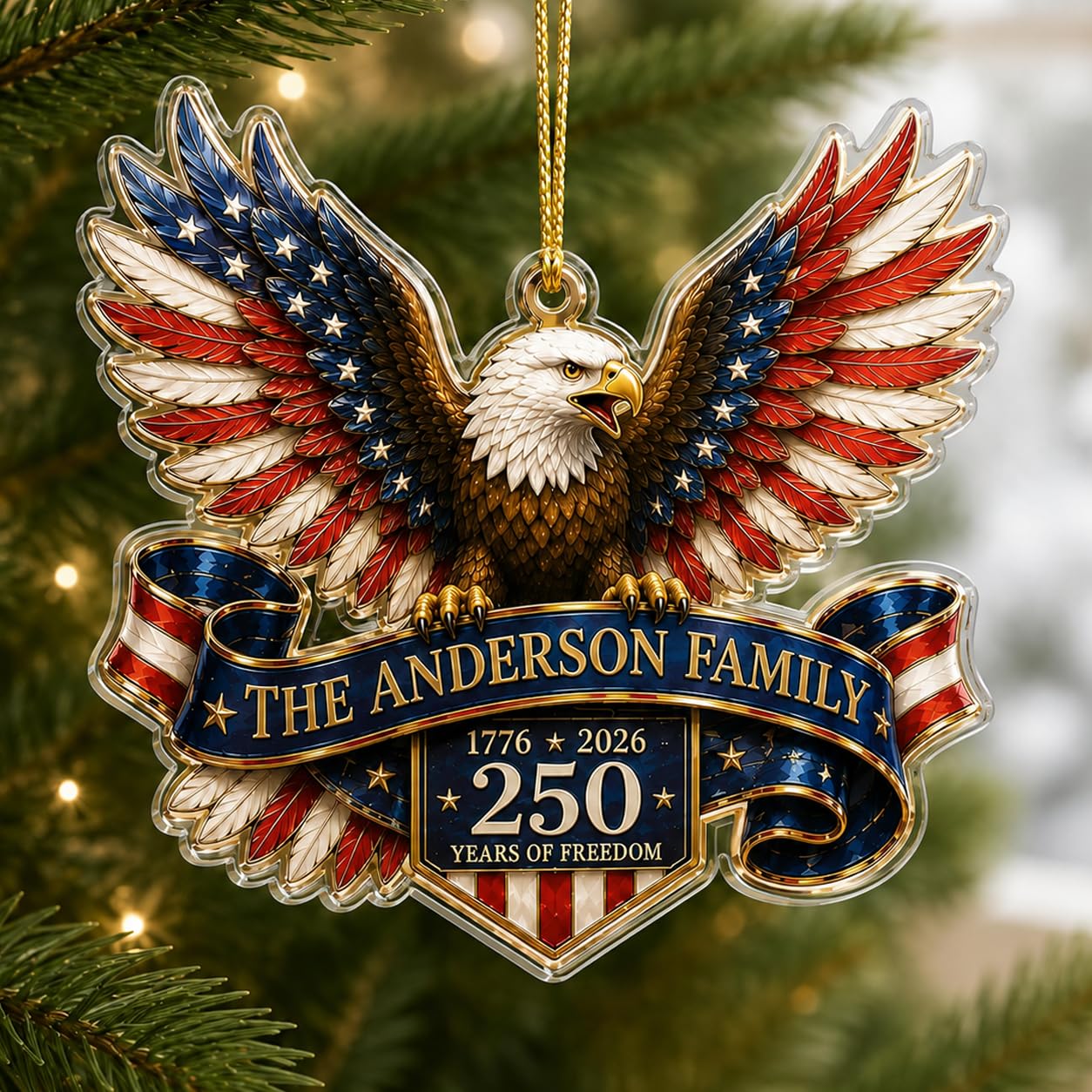 [Made in USA] Personalized 250th Anniversary USA Christmas Ornament, Custom Family Name Bald Eagle Patriotic Ornament, 1776-2026 250 Years of Freedom Christmas Tree Keepsake Gift