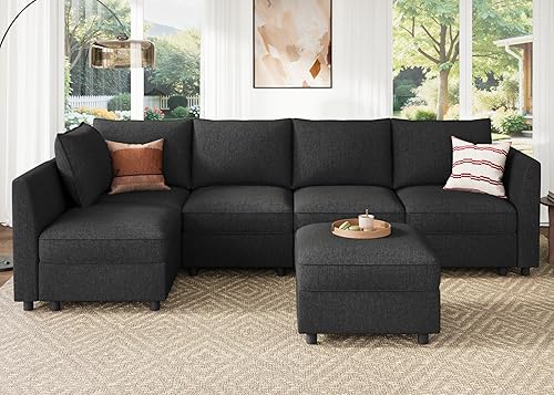 Miniatura 3 de HONBAY Sofá modular modular en forma de L con almacenamiento, sofás convertibles para sala de estar, color gris lino