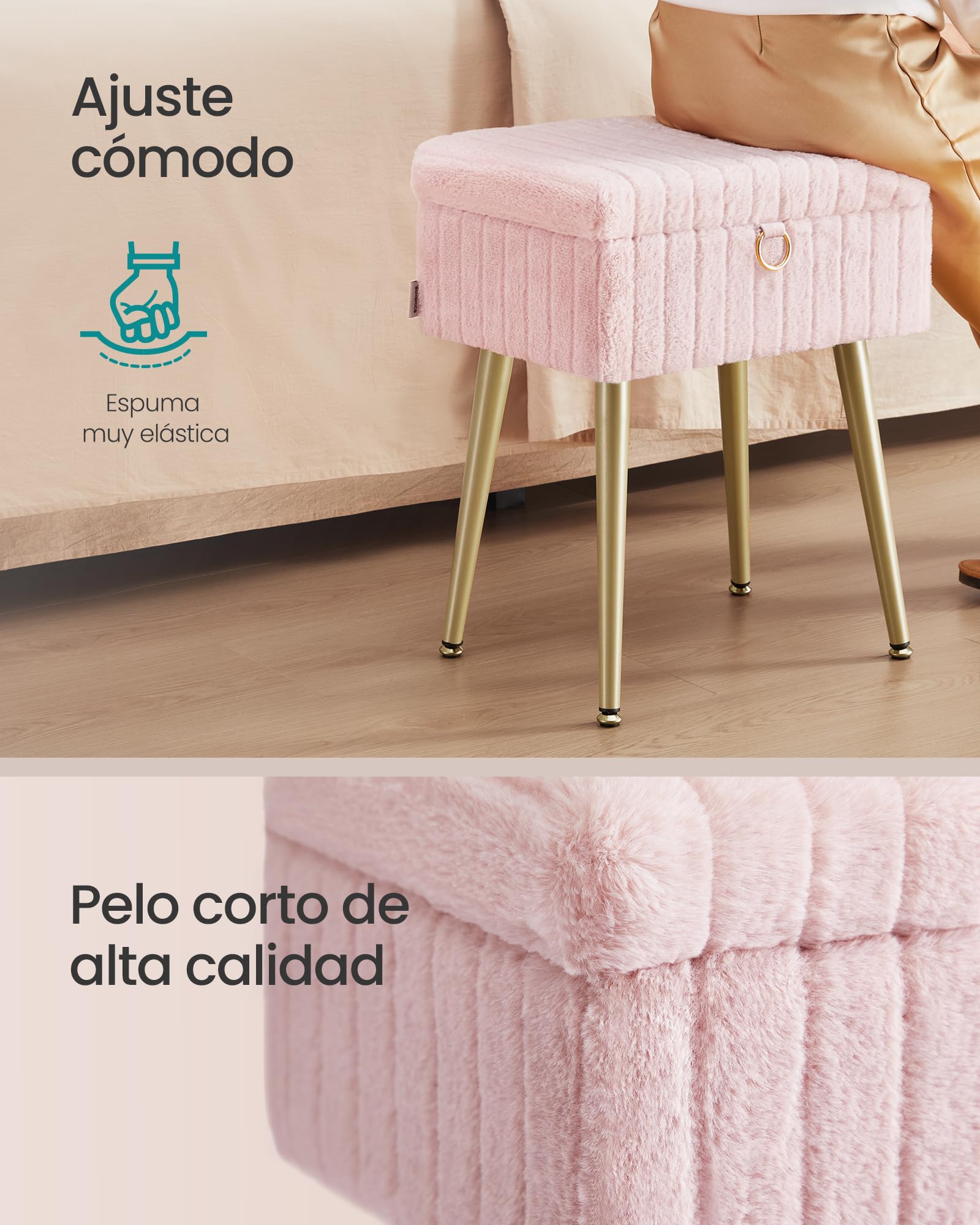 SONGMICS Taburete de Tocador, Banco de Maquillaje con Espacio, Reposapiés, Patas de Metal, Acolchado, Pies Ajustables, para Sala de Estar, Dormitorio, Rosa Jalea LOM505SZ02