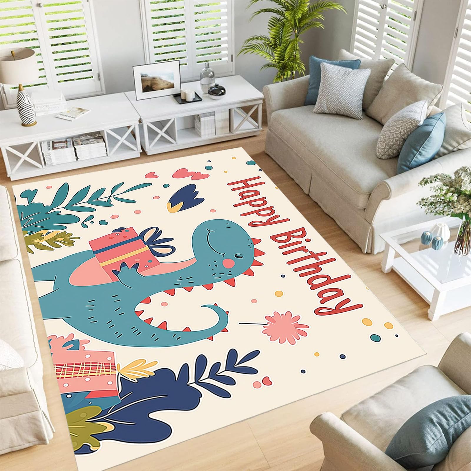 Tapis dinosaure crème 180x270 cm lavable et antidérapant pour chambre d'enfant