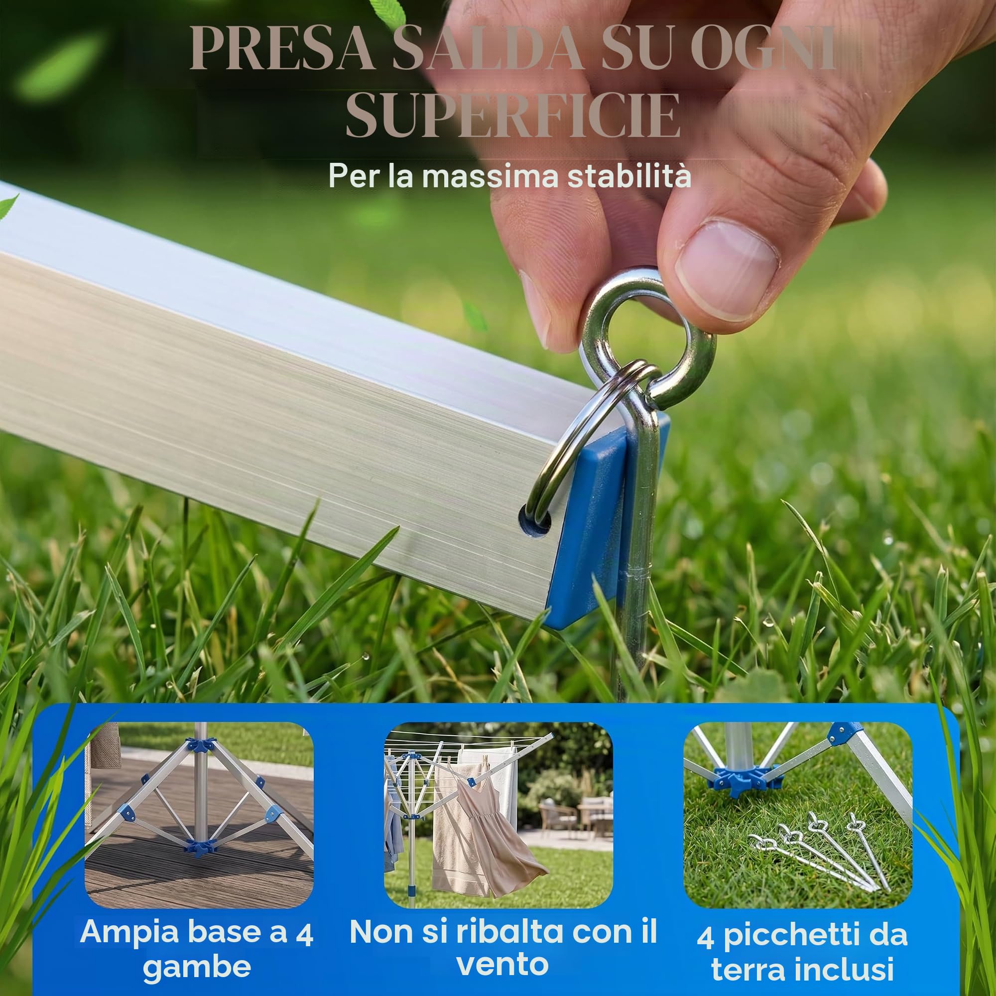 Monzana Asciugabiancheria rotante Regolabile | 4 Picchettii Stendibiancheria da Campeggio Giardino Alluminio, Robusto e resistente alle intemperie, Pronto all'uso ovunque