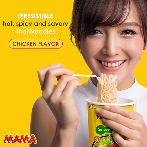 Miniatura 2 de MAMA Fideos instantáneos de pollo con deliciosos sabores tailandeses, fideos calientes y picantes con base de sopa de pollo, sin grasa trans con