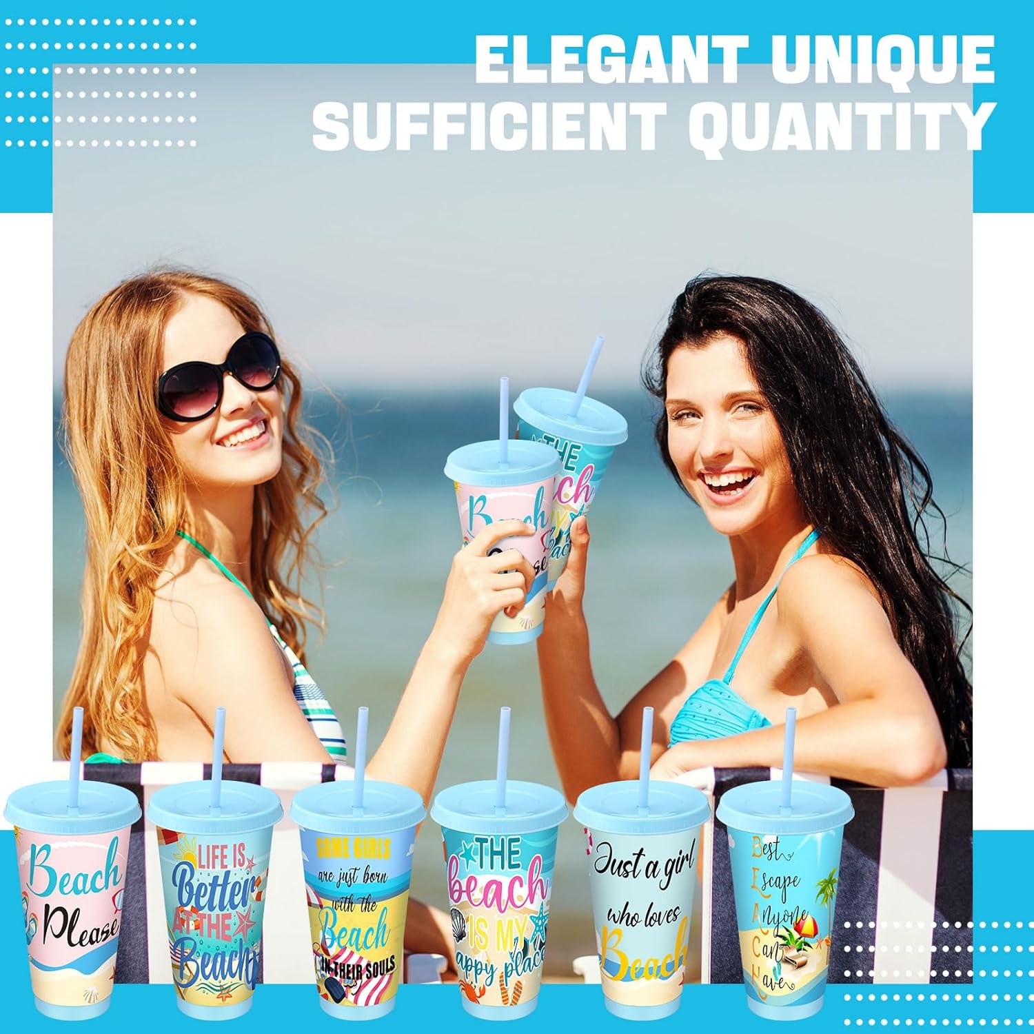 Domensi 6 Pcs Summer Beach Plastic Tumbler with Straw and Lid, 24 oz Reusable Summer Cups Bulk Hawaiian Party Travel Mug Cup for Hawaiian Luau Beach Party Drinking Supplies - Image 5