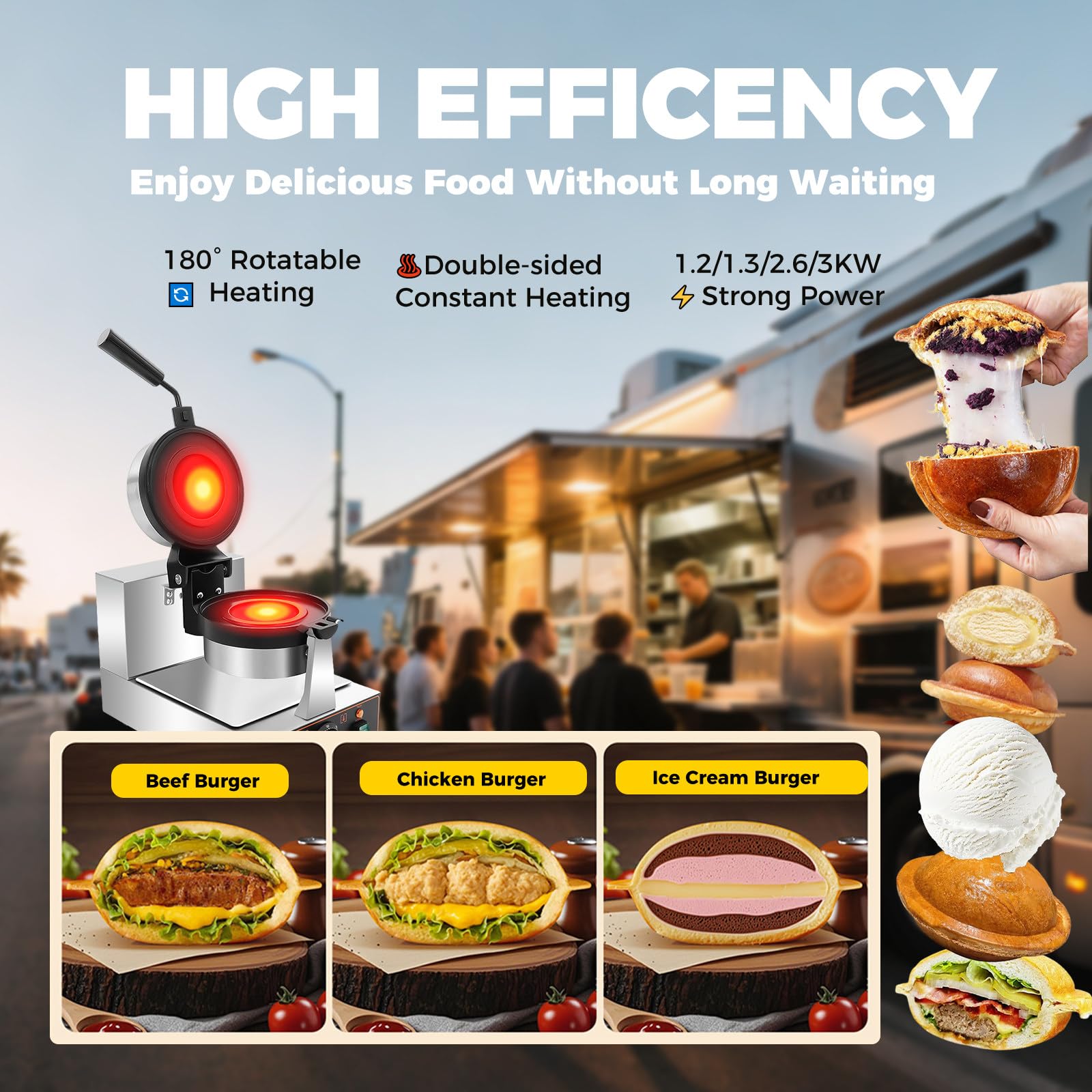 Gofrera para Hamburguesas Máquina para paninis Prensa de Hamburguesas Comercial Disquera Pan Cubano Industrial 50℃~300℃ para restaurantes/cafeterías/Camiones de Comida singleheadrotating