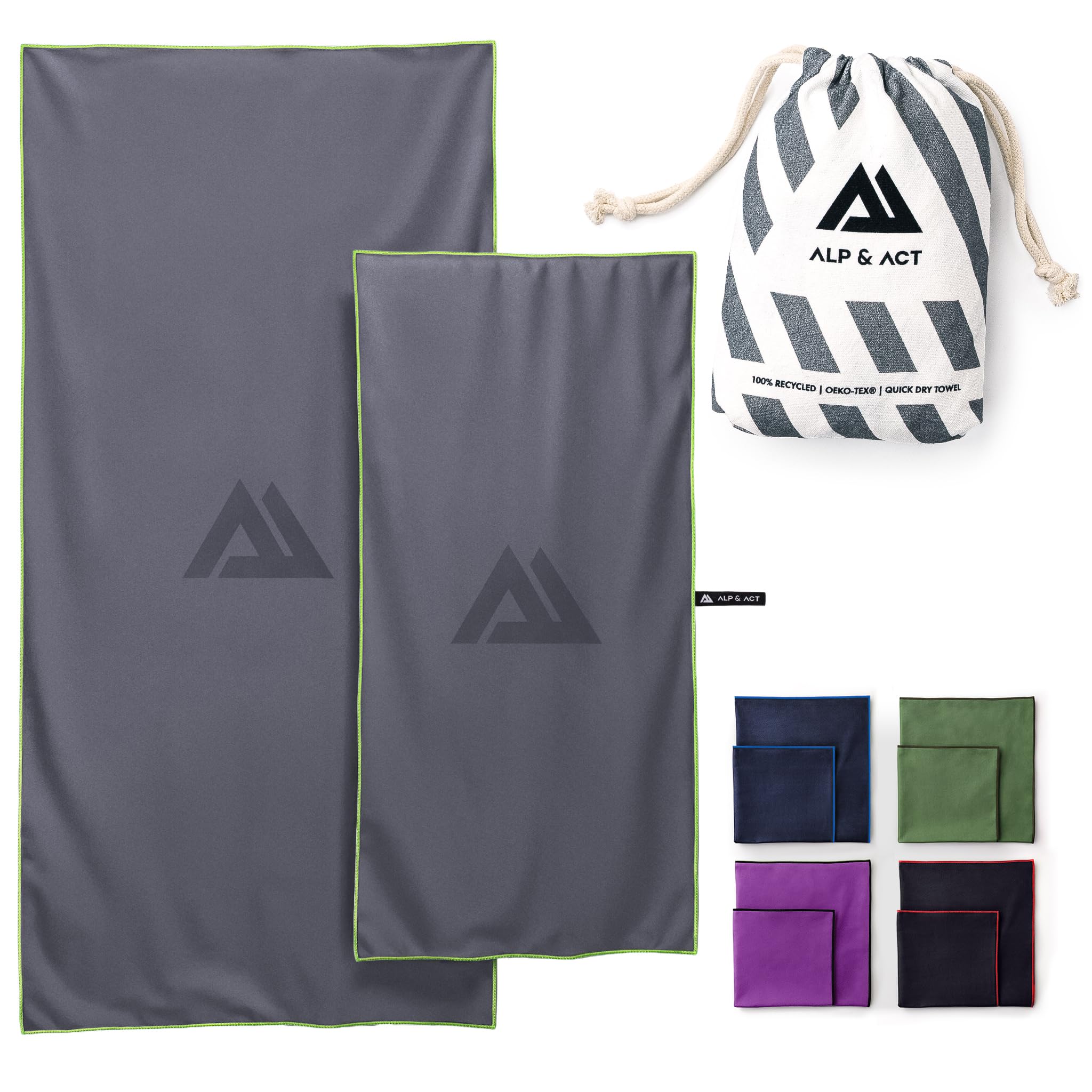 ALP & ACT Microfibre Towel Set of 2-100% Recycled - SUPER LIGHTWEIGHT & Quick Dry - 150x70 cm + 100x50 cm - Extra Compact for Travel, Camping, Holiday - Large & Small - grey