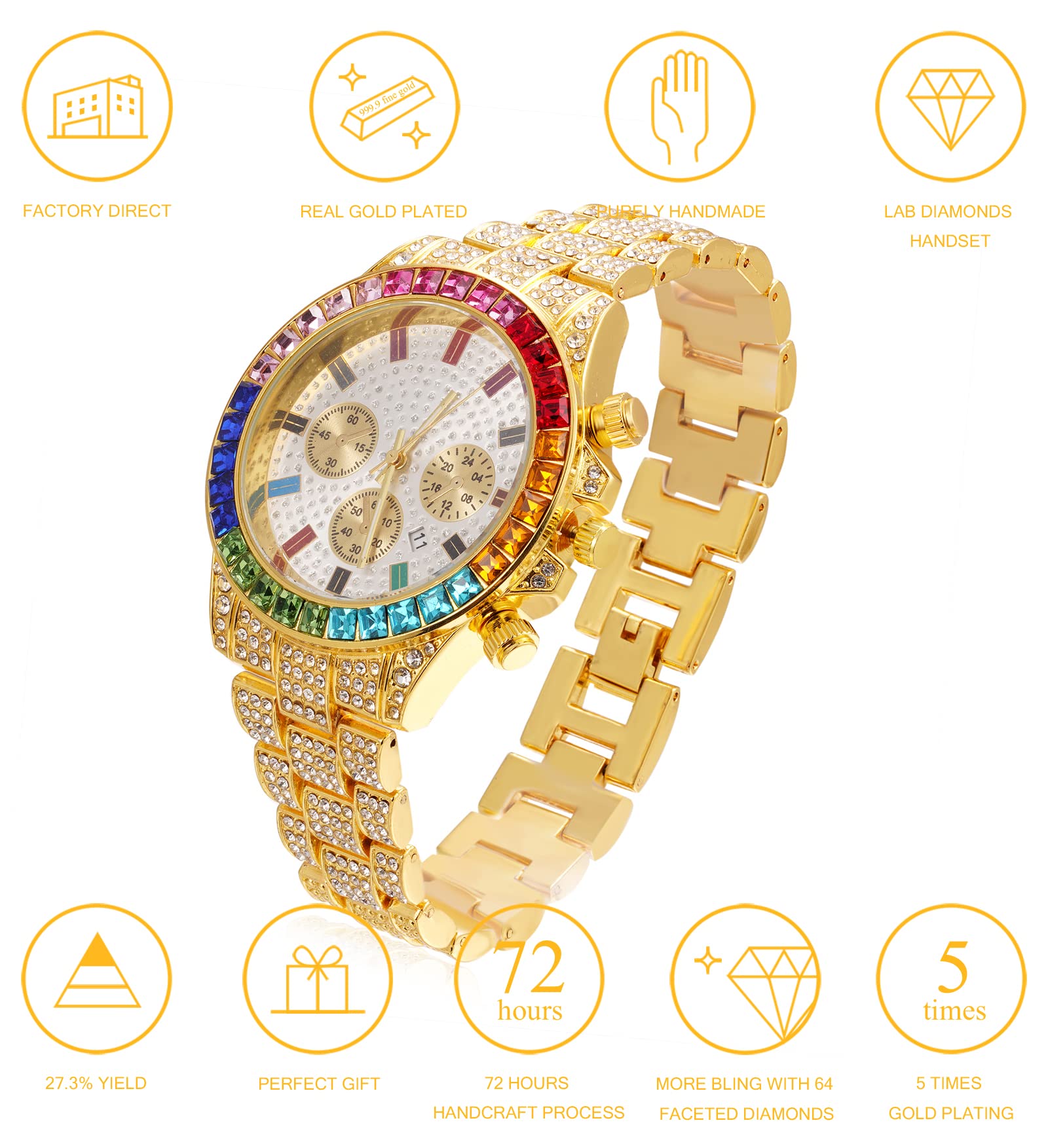 HALUKAKAH Reloj con Diamantes Multicolor, Chapado en Oro de 18 Quilates/Oro Rosa/Blanco Platino, 40MM Esfera Blanca, Cuarzo, Cadena Cubana, Collar y Pulsera