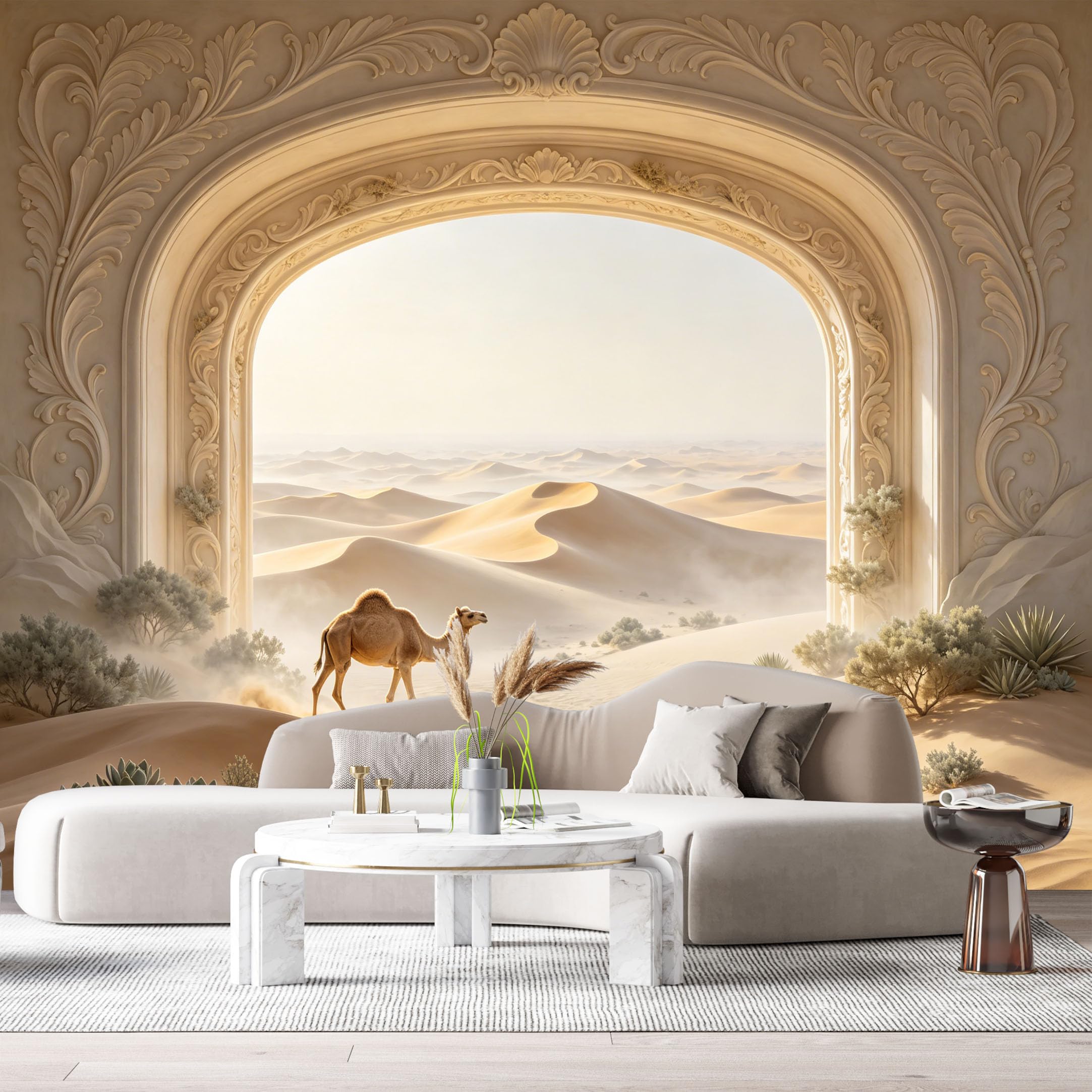 Custom Size Wall Murals Desert Camel Sand Dune Archway 3D Trompe L'Oeil SelfAdhesiveWall Fabric Removable Wallpaper Wall Decor for Living Room Bedroom Bathroom