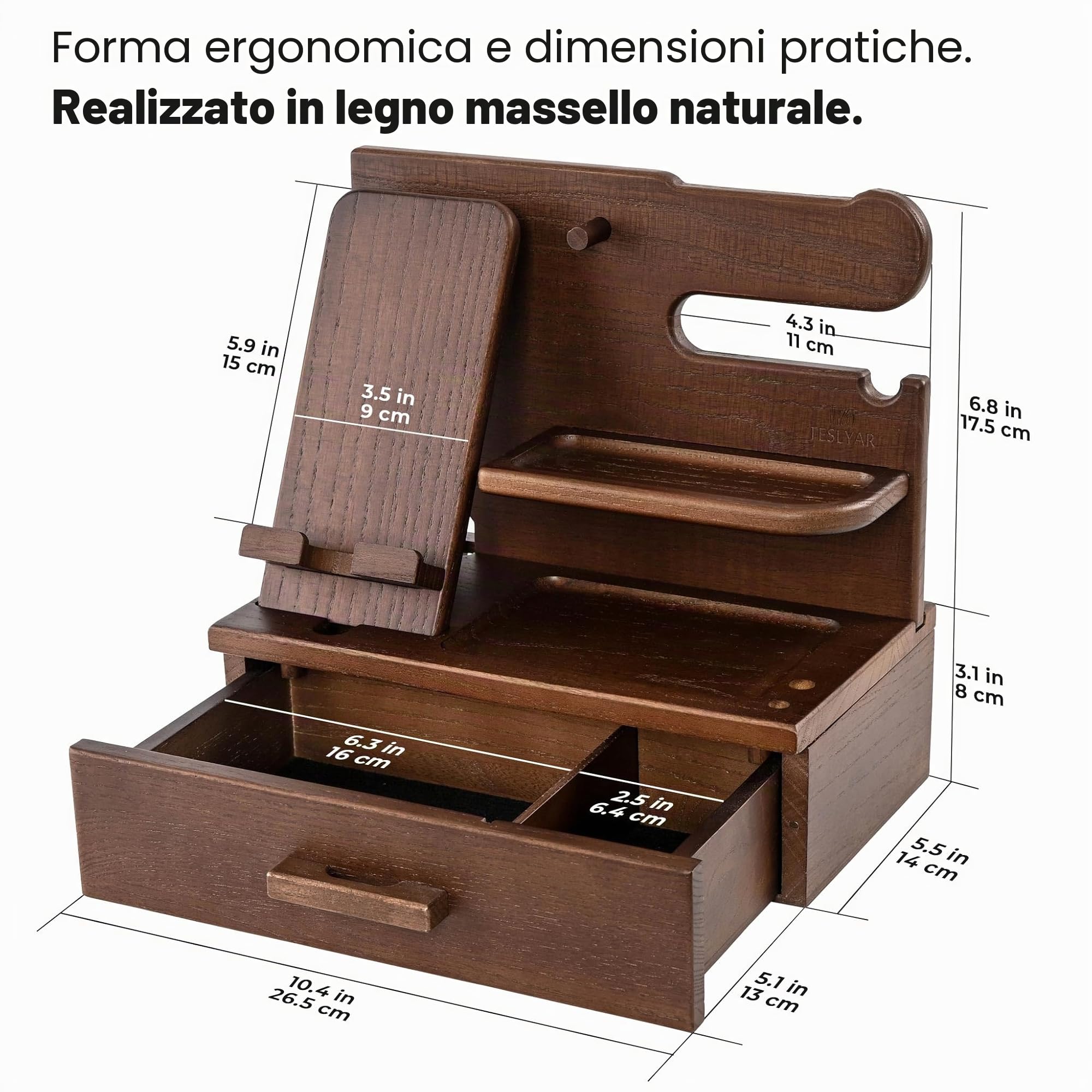 TESLYAR Stazione di ricarica telefono in legno con cassetto - Organizer da comodino - Organizer da scrivania per marito - Idee regalo di compleanno per uomini, papà, anniversario, portachiavi