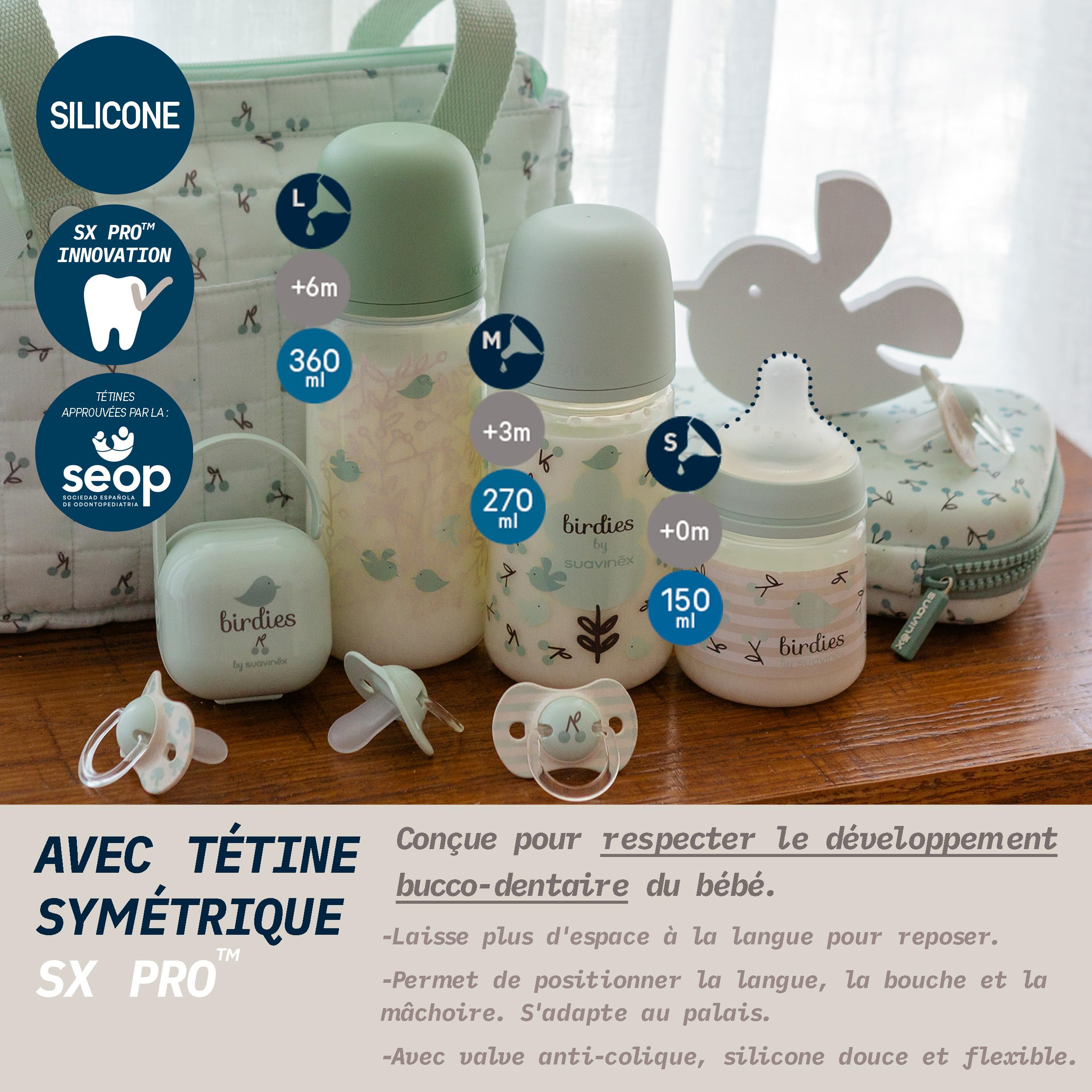 Suavinex, Set Biberons Nouveau-né, Coffret Cadeau avec : 2 x 270 ml Débit Moyen + 2 x 150 ml Débit Lent + Sucette de 0 à 6 Mois, Tétines Symétriques SX Pro en Silicone, 5 Pièces, +0M, Birdies Vert