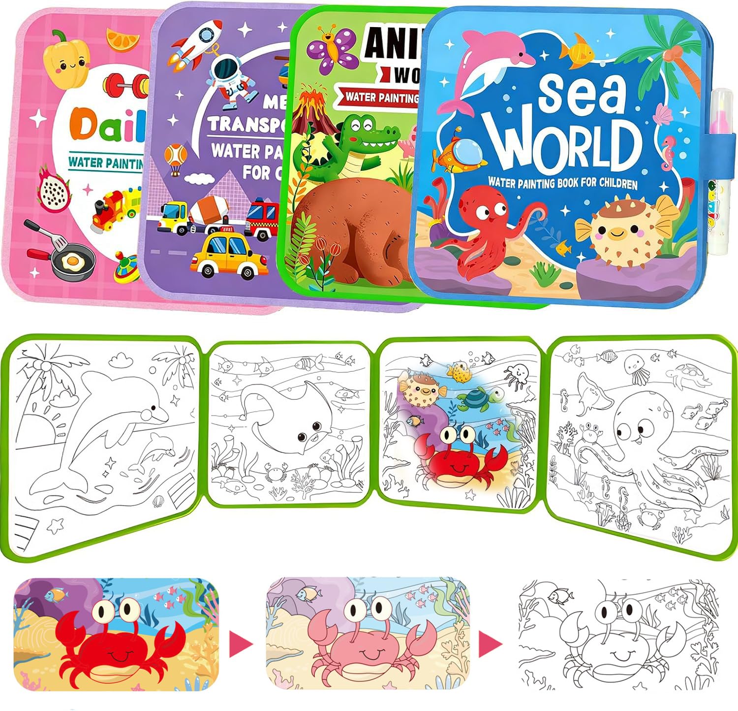 Mess Free Water Painting Book 4 Pcs with Water Pens for Kids Toddler Travel