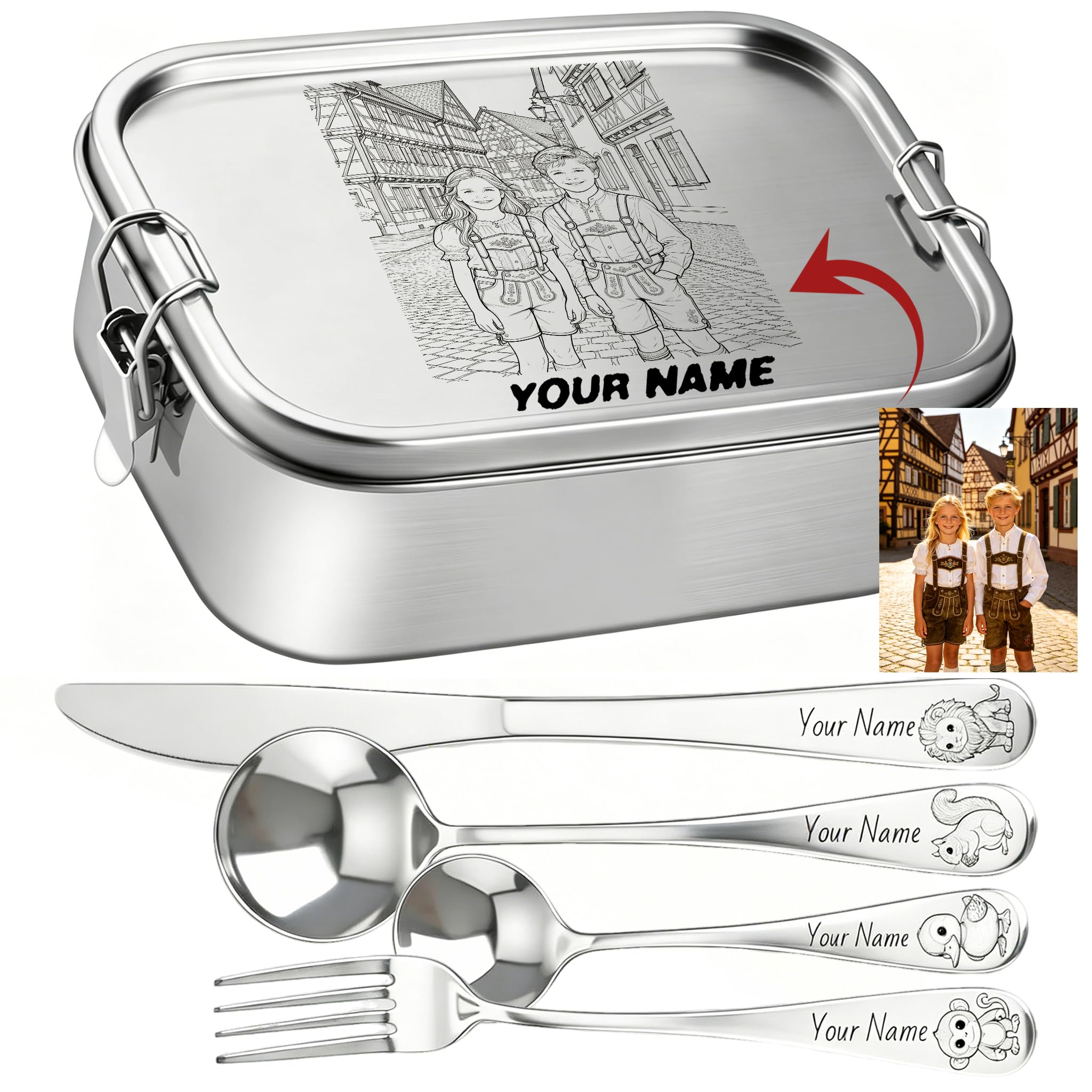 Personalisierte Edelstahl Brotdose Optional Fächern, mit 4-teilig Edelstahl Besteck, 700ml/1000ml/1650ml, Laserdruck mit Namen/Foto, Auslaufsichere Lunchbox für Kinder & Erwachsene, Bento Box(1650ML)
