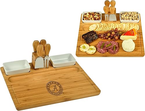 Picnic at Ascot NCAA Alabama Crimson Tide - Tabla de quesocharcutería con licencia oficial de bambú con juego de cuchillos y marcadores de queso