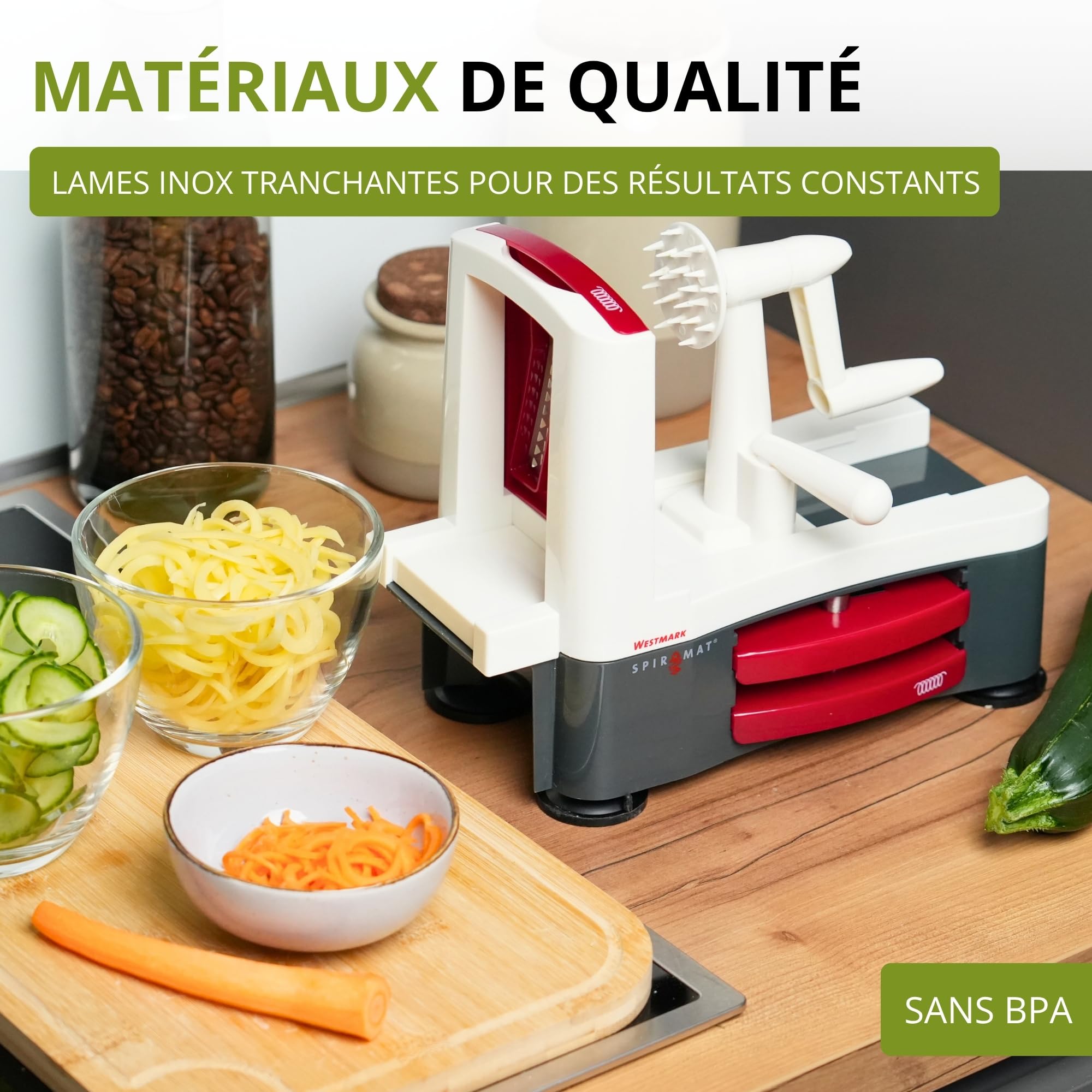 Westmark Mandoline en Spirale pour Nouilles de Légumes, Zoodles et Spirales de Légumes, 3 Lames, Lames Aiguisées en Acier Inoxydable, Spiromat, Gris/Blanc/Rouge, 11332260