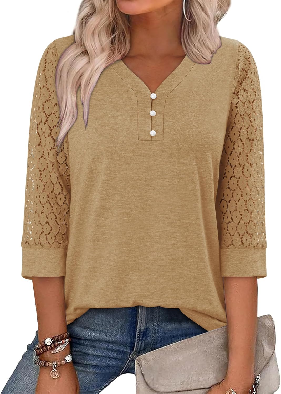 CRAZY GRID 3/4 Length Sleeve Womens Tops V-Neck Lace Tunic Button Down Business Casual Blouses Fall Trendy Outfits 2026 S-XXL - Image 2
