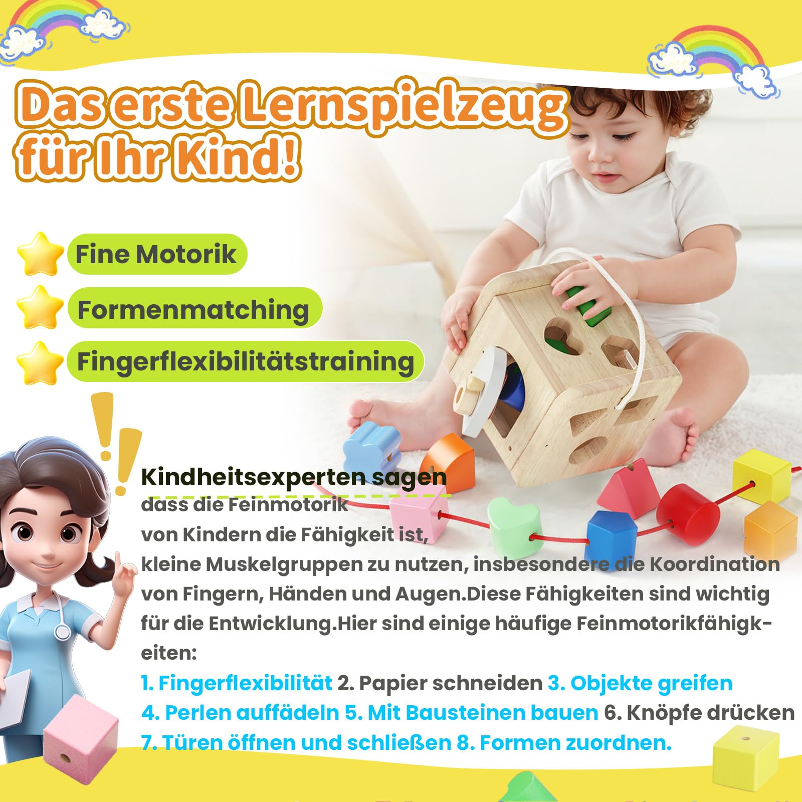 Fullware Shape Sorting Wooden Toy from 6 Months, Montessori Baby Toy from 1 Year, Baby Blocks Fine Motor Skills Sorting Games for Early Learning, Gift for Toddlers Boys Girls from 6 Months - Image 2