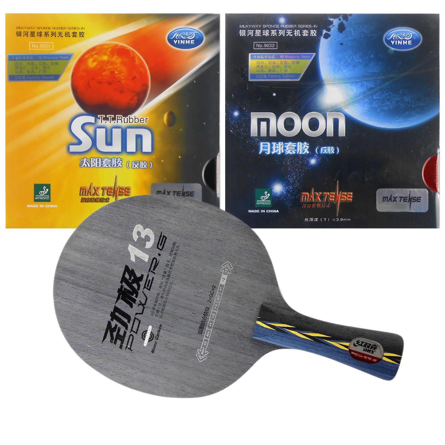 DHS Power.G13 PG13 PG.13 Blade with Galaxy Sun/Moon (Factory Tuned) Rubbers for a Racket, Long (Shakehand)-FL