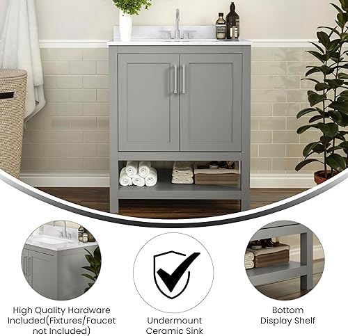Miniatura 5 de EMMA + OLIVER Vesta - Tocador de baño de 30 pulgadas, gabinete de fregadero individual con 2 puertas de cierre suave y estante abierto, encimera con