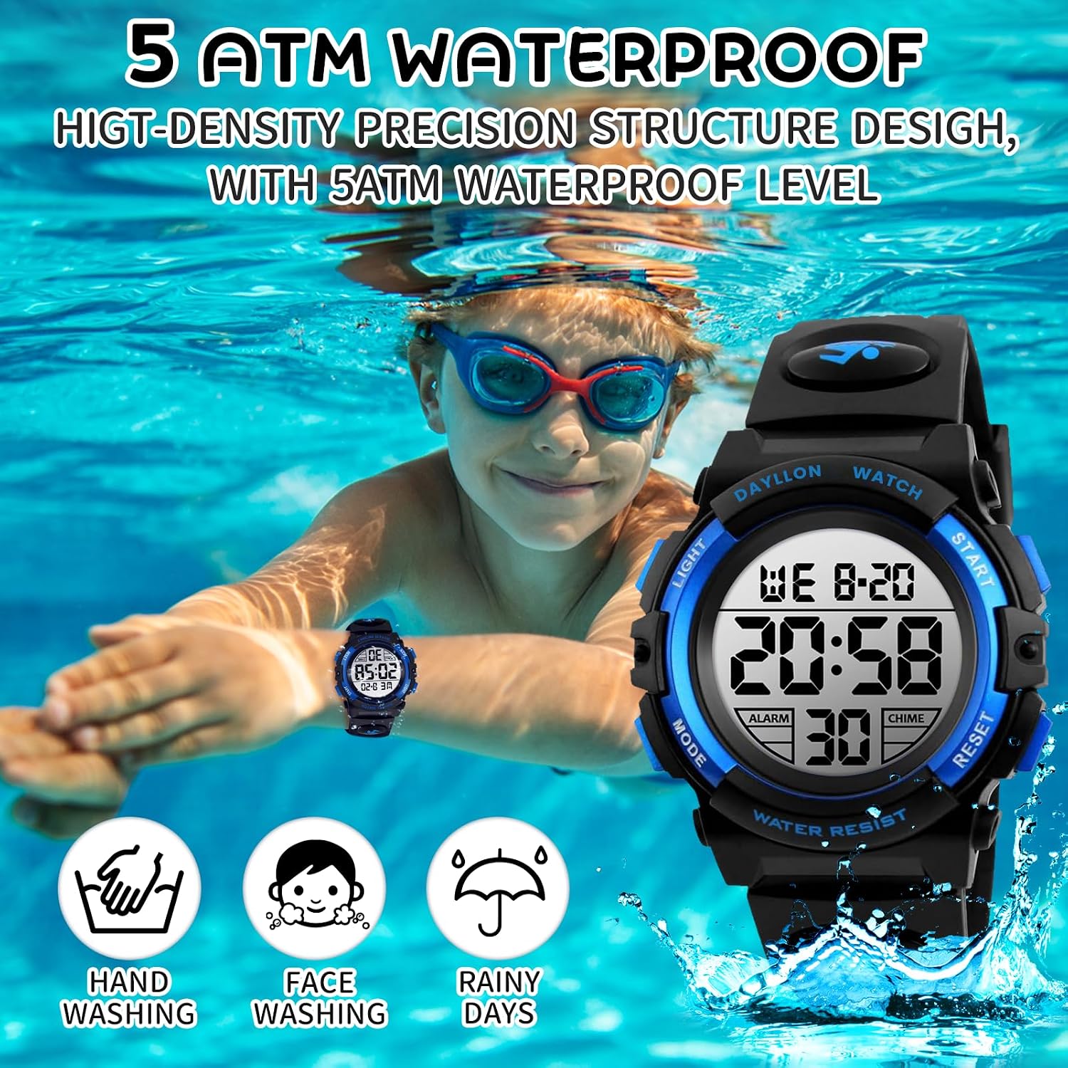 Dayllon Kids Digital Watch Boys Outdoor Sports 50M Waterproof Girls Watches Alarm Clock 12/24 H Stopwatch Calendar for Ages 3-15 Boy Girl Wristwatch Kids Gift,Blue 1266 XS
