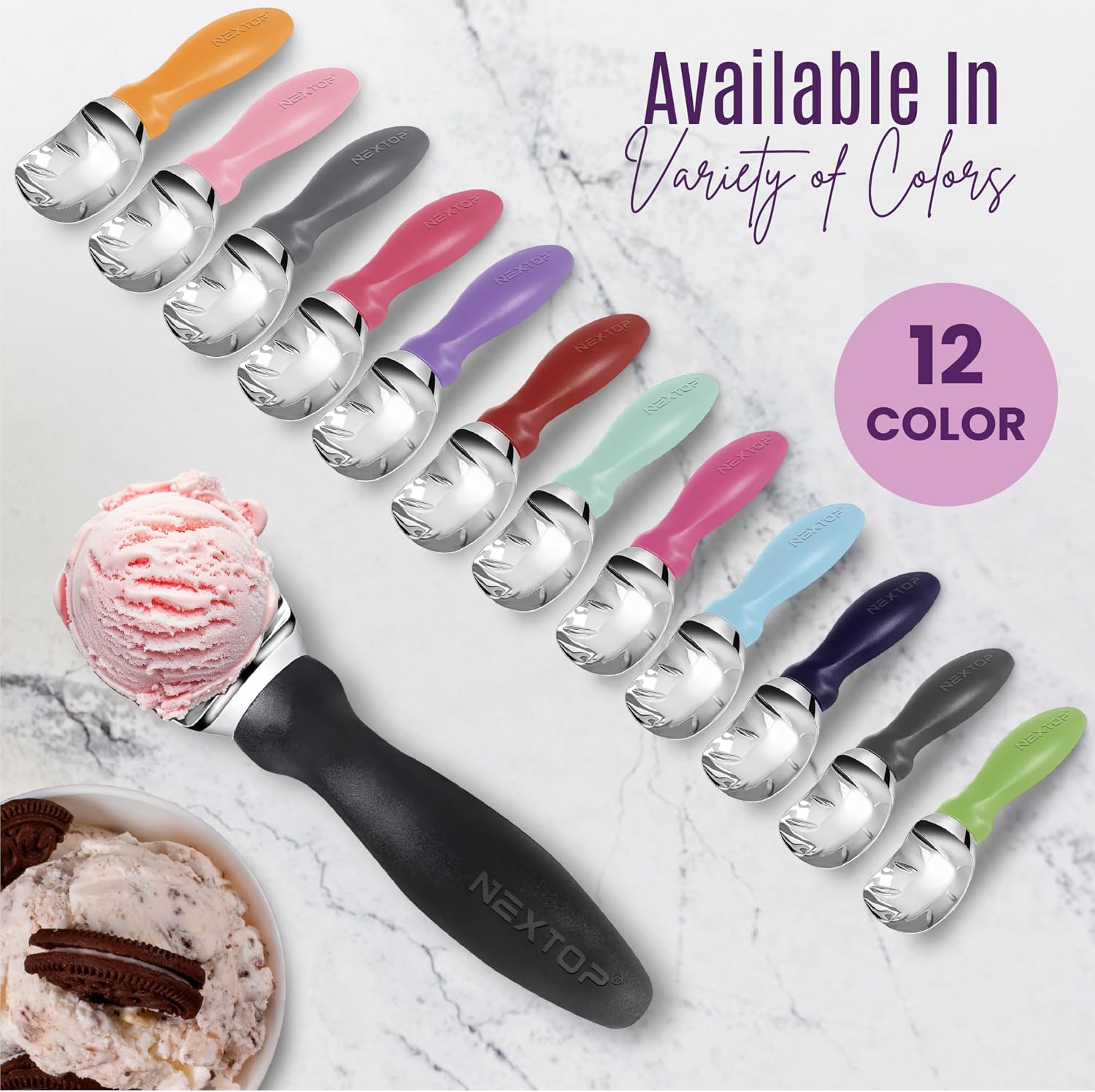 Nextop Ice Cream Scoop with Comfortable Handle - Ergonomic Spoon, Durable Perfect Metal Round Round Scoops Ideal for Ice Cream, Sorbet, Gelato Perfect for Home Use, Kitchen Essential. (Black)
