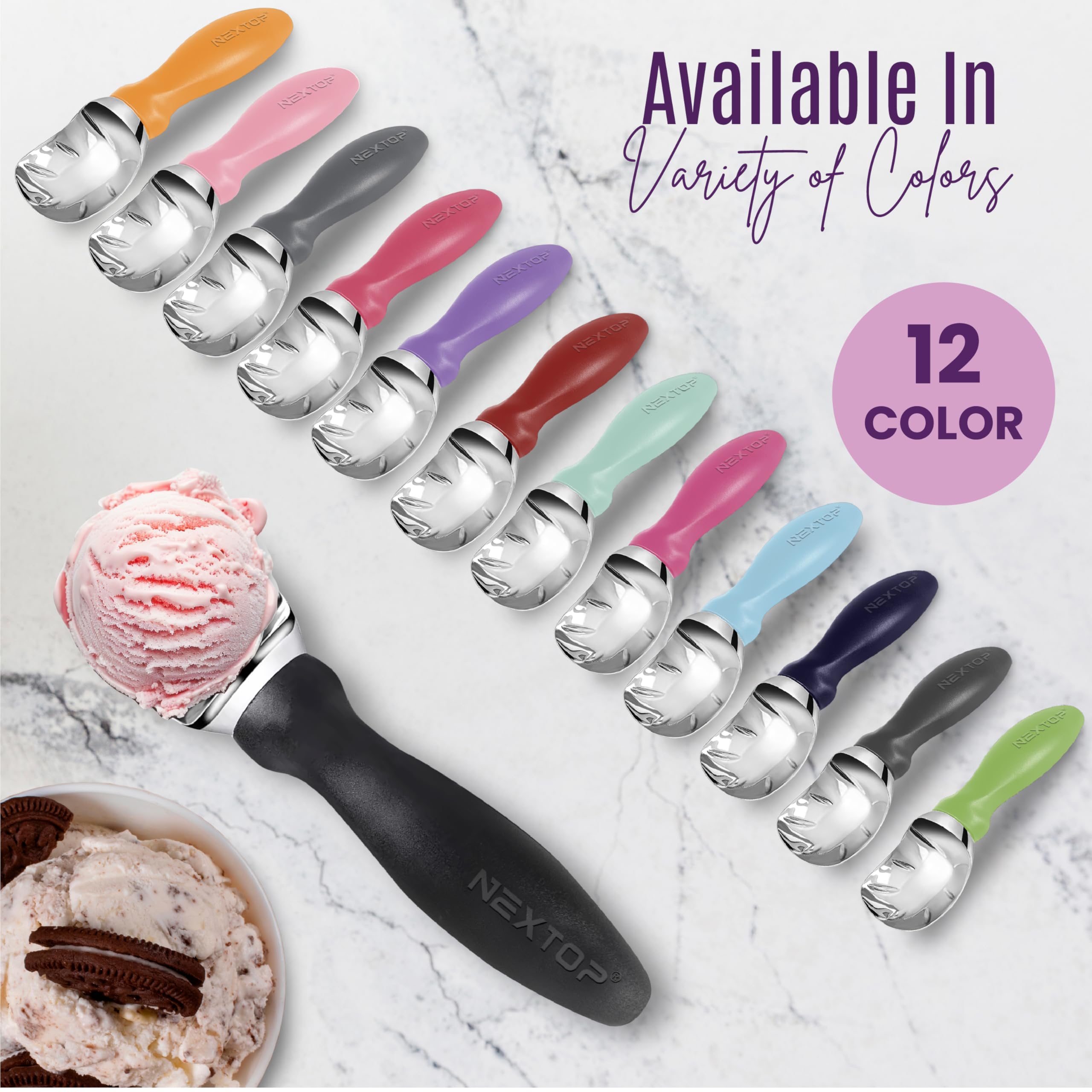 Nextop Cuchara de helado con mango cómodo, cuchara ergonómica, cucharas redondas de metal perfectas y duraderas, ideales para helado, sorbete, gelatina, perfecto para uso doméstico, esencial de cocina